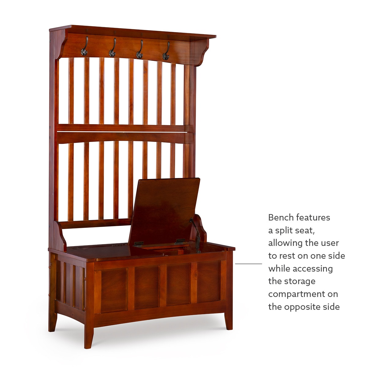 Walnut Finish Split-Seat Storage Hall Tree with Double Hooks