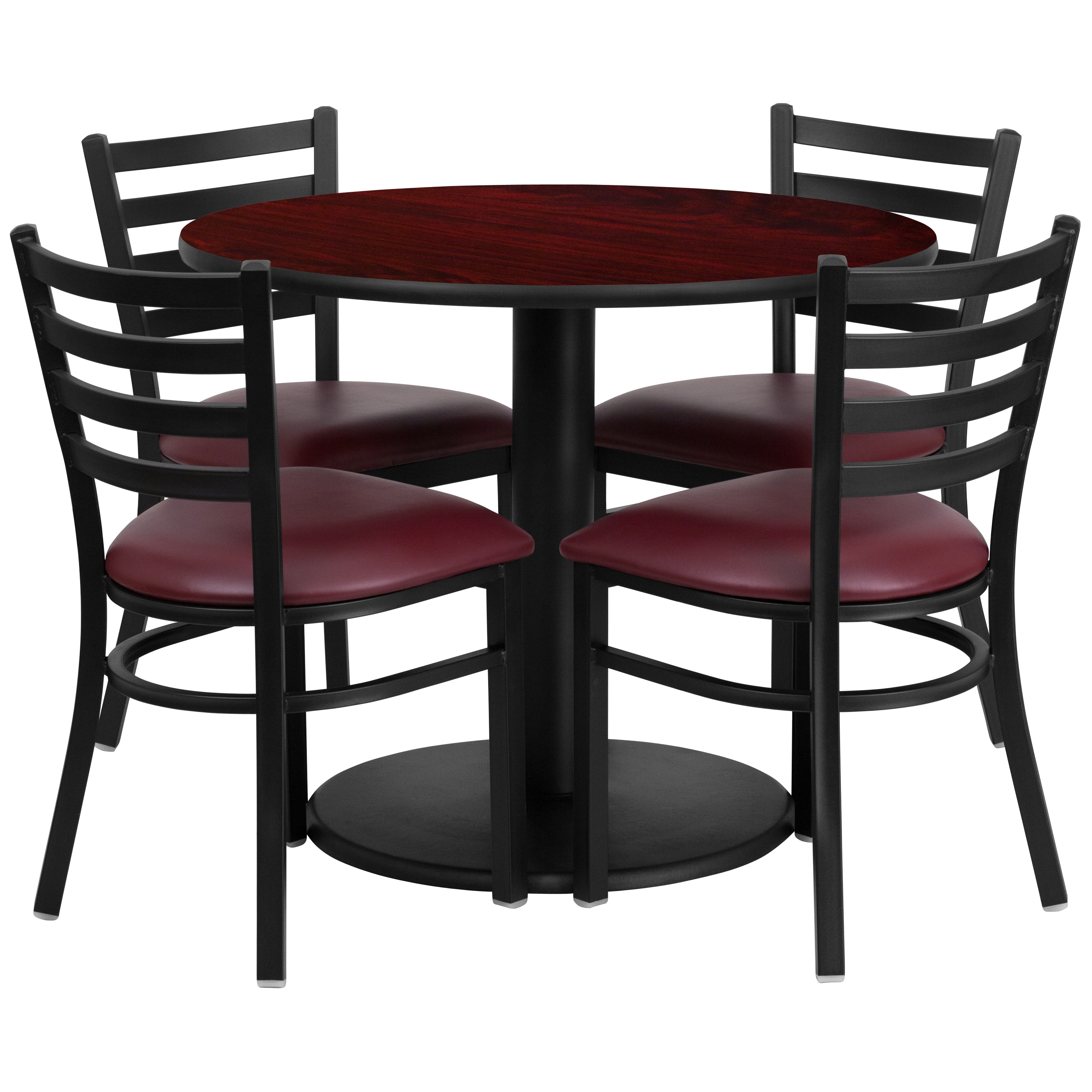 Emma + Oliver - 36RD Mahogany Table Set-RD Base-4 Ladder Back Chairs;Burgundy Seat