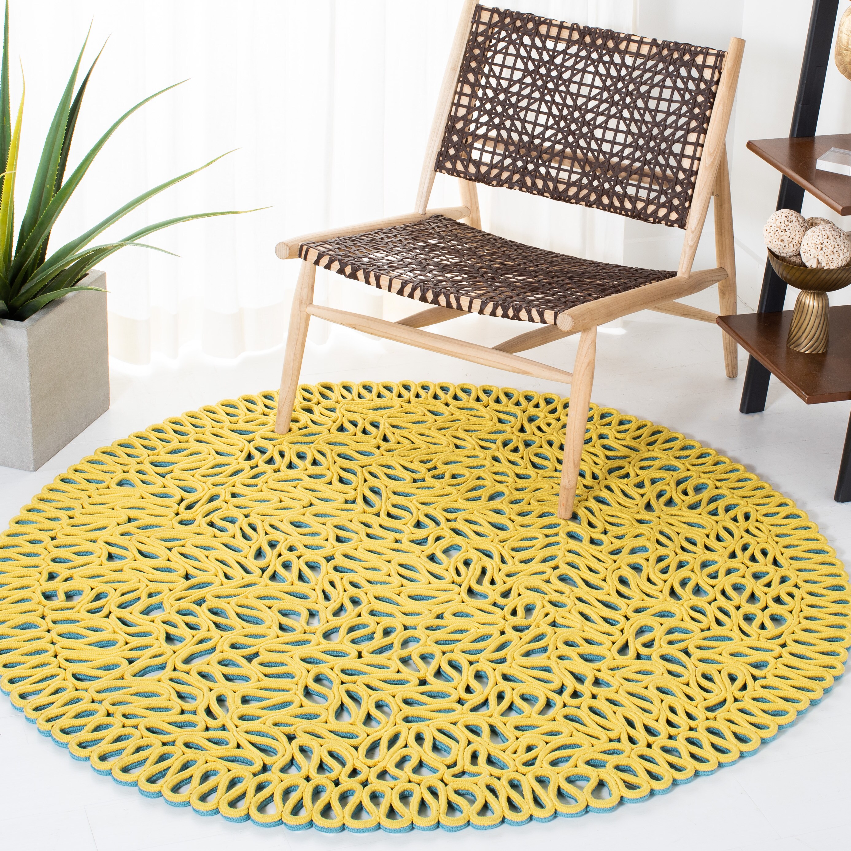  Novelty 701 Yellow/Blue Contemporary 5ft x 5ft Round Rug
