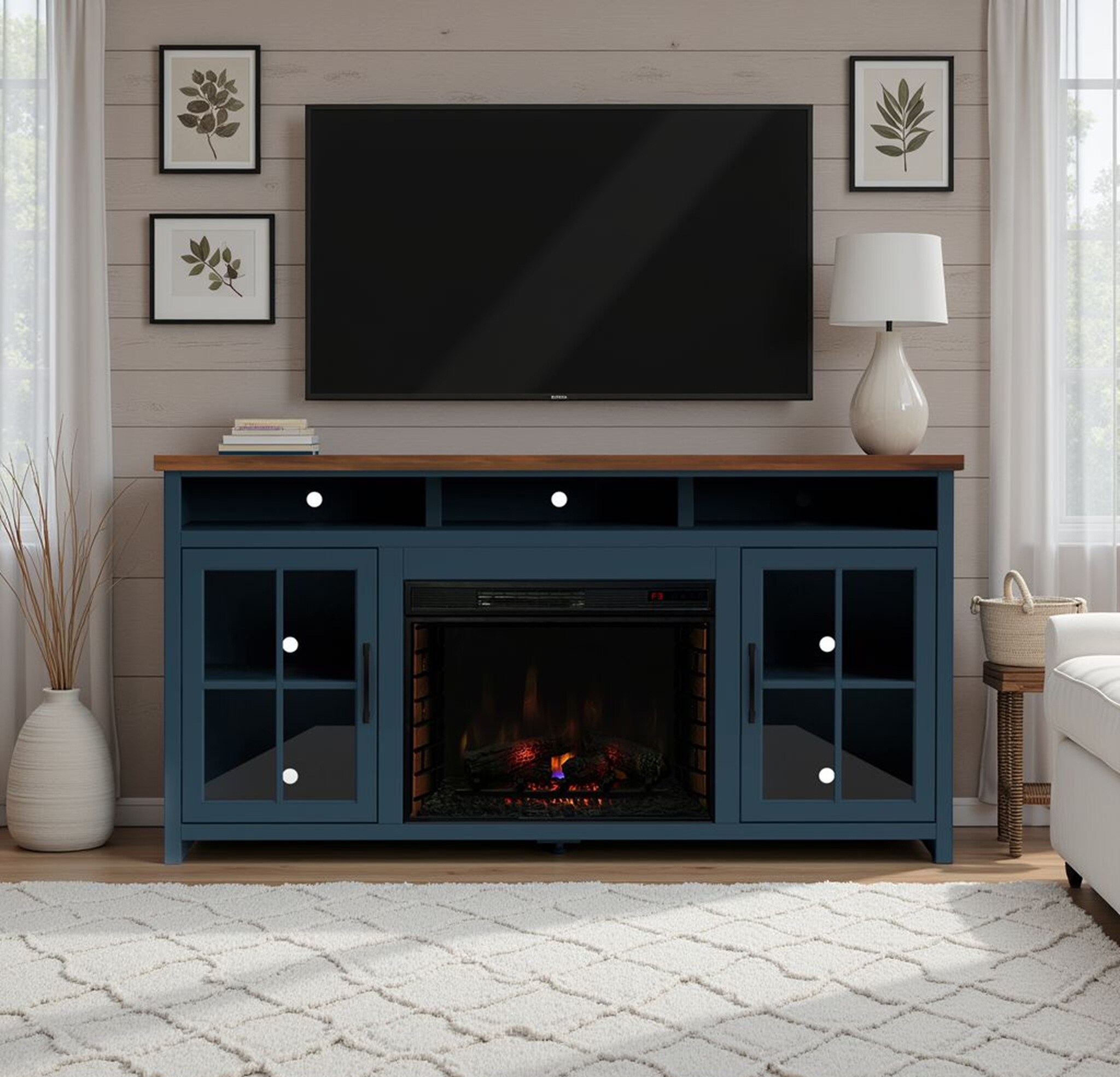 GLANZEND  18-in D x 74-in W x 38-in H Blue TV Stand Electric Fireplace Remote Control Adjustable Flame Cable Management Adjustable Thermostat