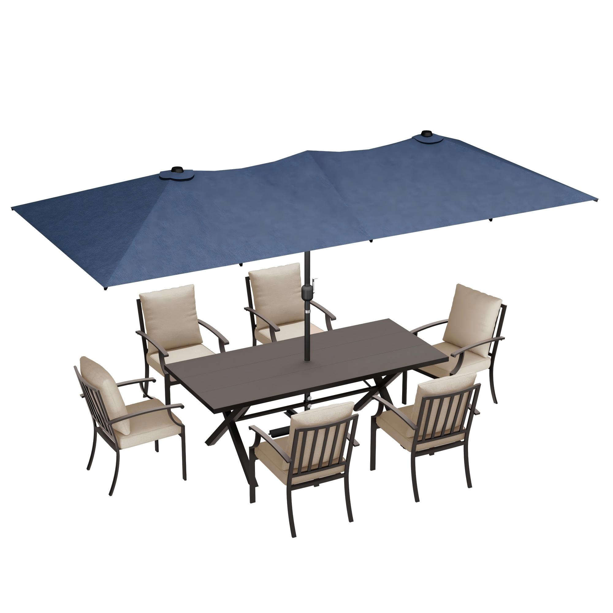 ALAULM LS-SAN7DM-SAND 8 -Piece Brownish Black Patio Dining Set Iron Rectangle Table with 6 Brown Cushions Stackable Stationary Chairs and Umbrella Included