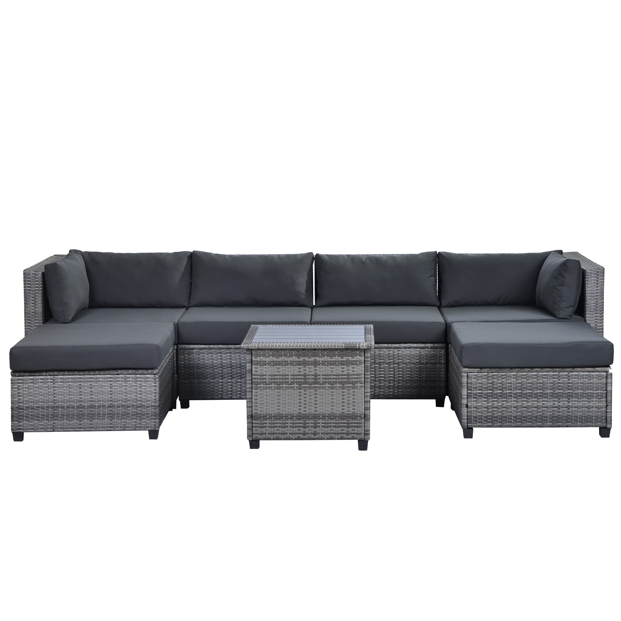 Flynama YC-V-0272AAE 7-Piece PE Wicker Outdoor Sectional Set with Dark Gray Cushions, Coffee Table and Ottomans