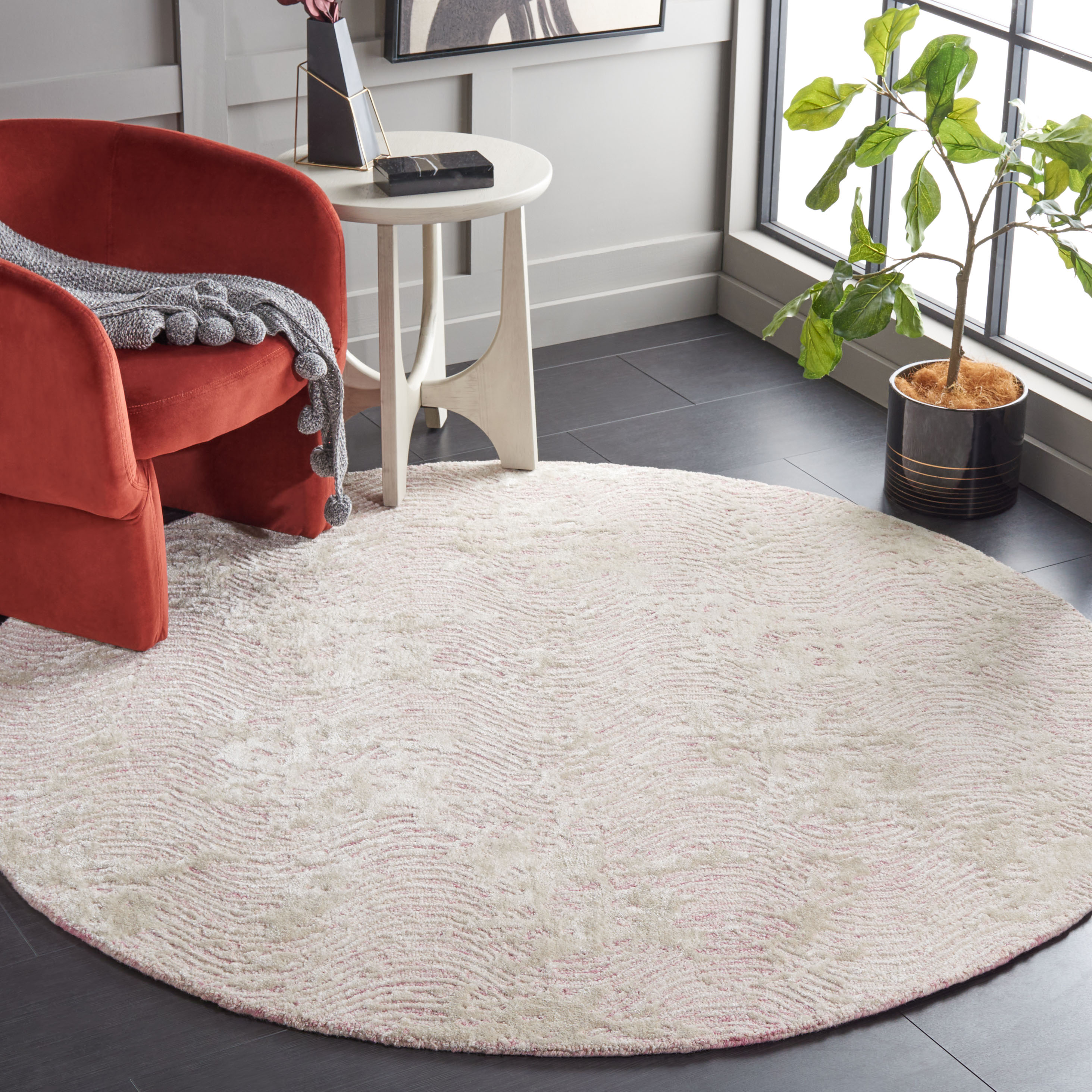  Glamour 605 Pink/Ivory Contemporary 6ft x 6ft Round Rug