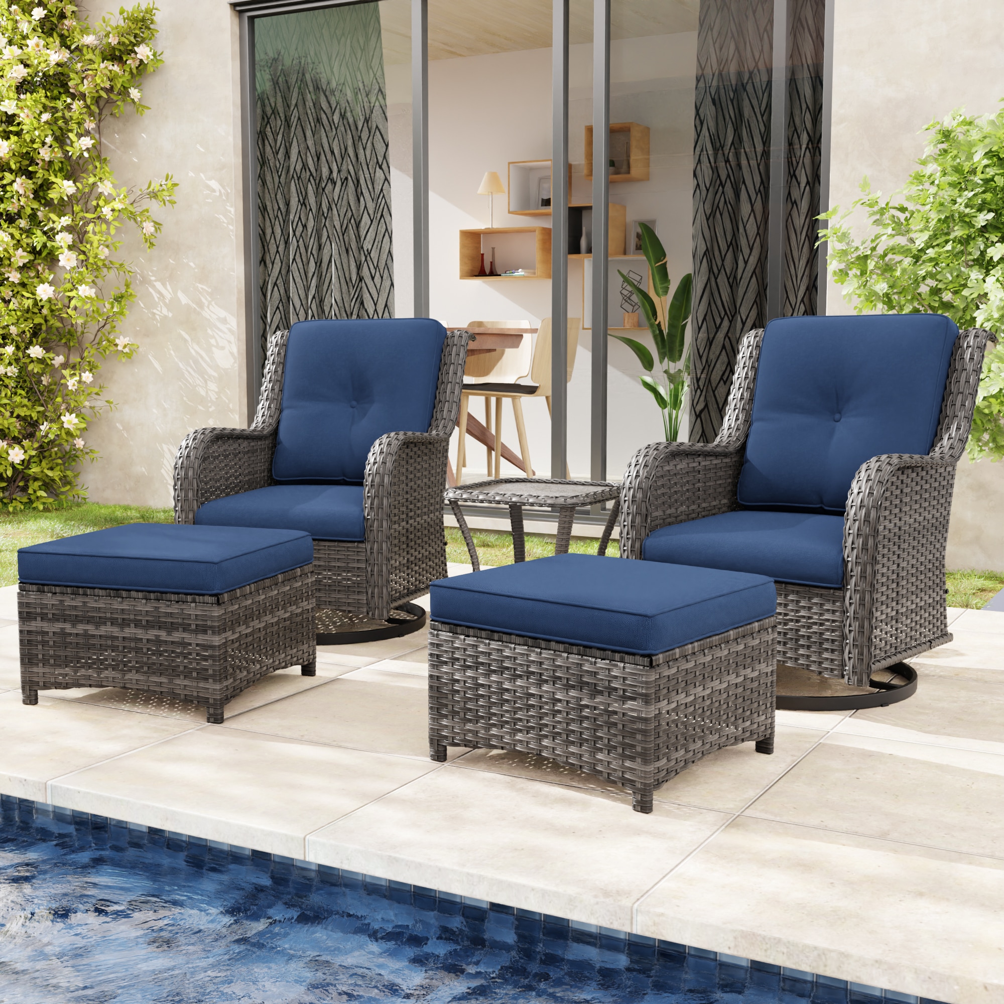 Gardenbee M01M74-BLU 5 -Piece Rattan Patio Conversation Set with Blue Cushions