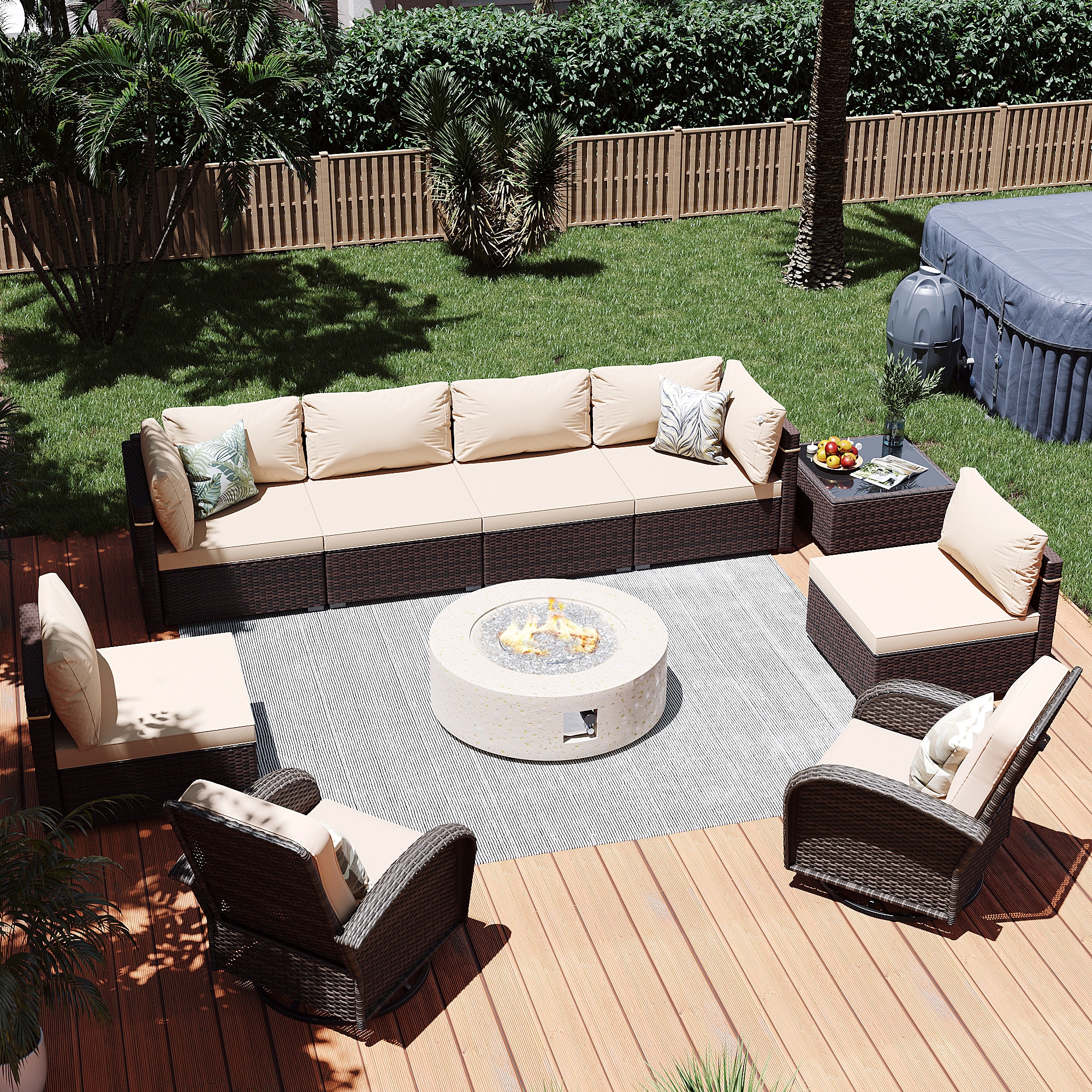 Patio Watcher LS-RT7Y11-42SMH-B1 10 -Piece Rattan Patio Conversation Set with Beige Cushions