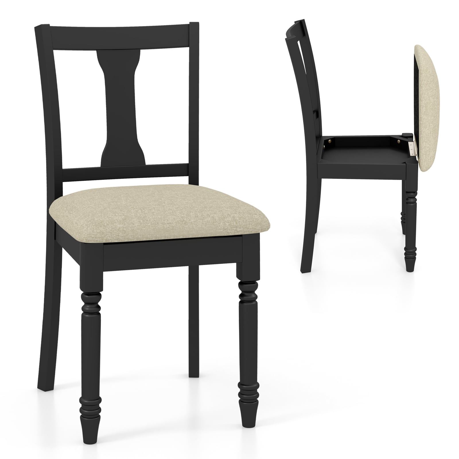Slickblue D-CO-KD37311VJ Set of 2 Traditional Linen Upholstered Flip-Up Storage Dining Chair for Kitchen and Dining Room (Acacia Wood Frame) - Black and Beige