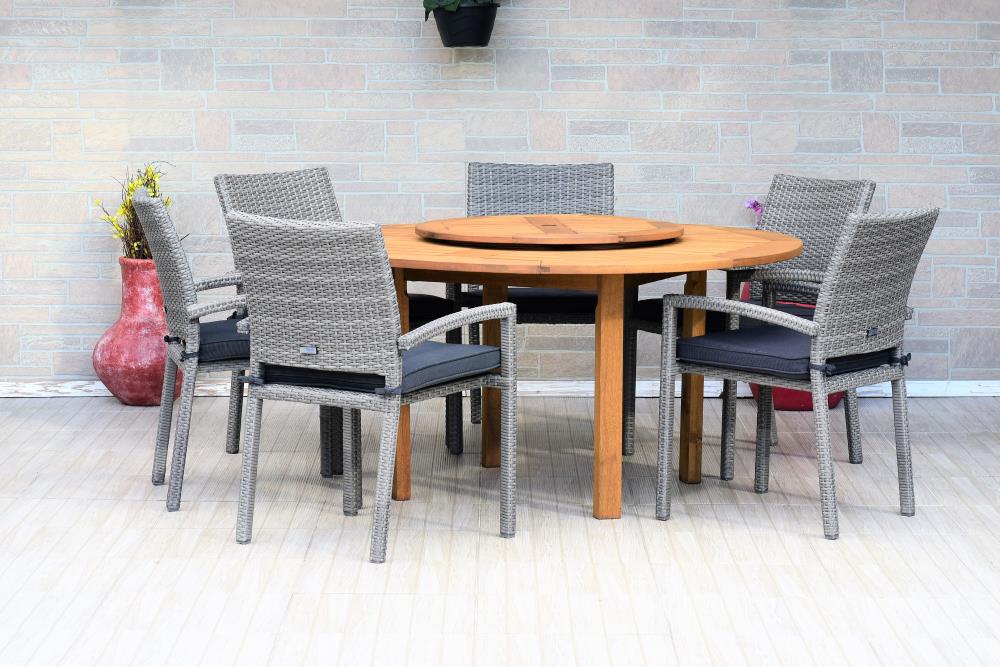 Amazonia BT543_6LIBER ARMGRGR  Eucalyptus 7 -Piece Brown Wicker Patio Dining Set Wood Round Table with 6 Brown Cushions Stackable Stationary Chairs
