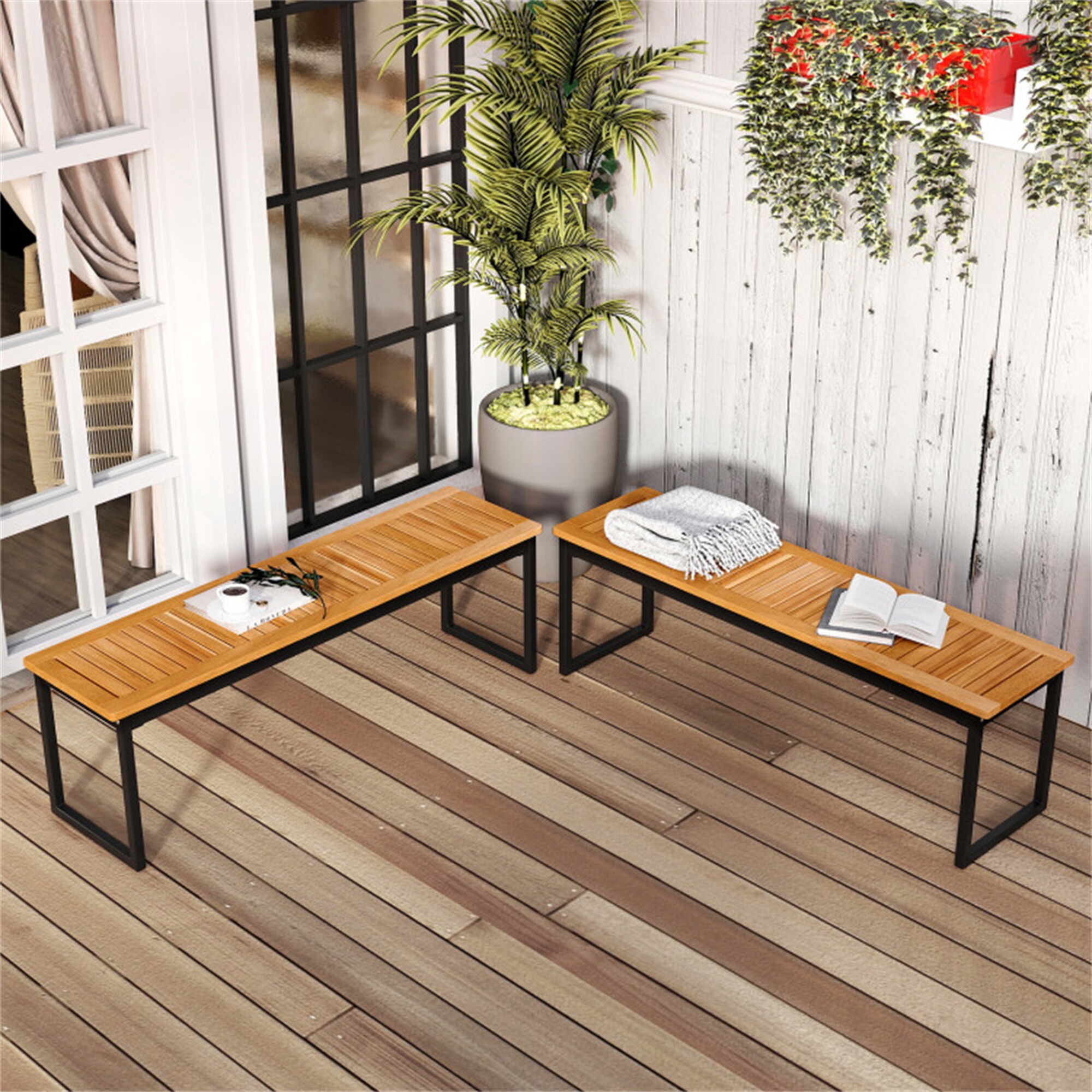 BABOOM BOM-10888BE-CO Set of 2 Patio Benches 51-Inches W x 16.5-Inches H Natural Iron Dining Bench