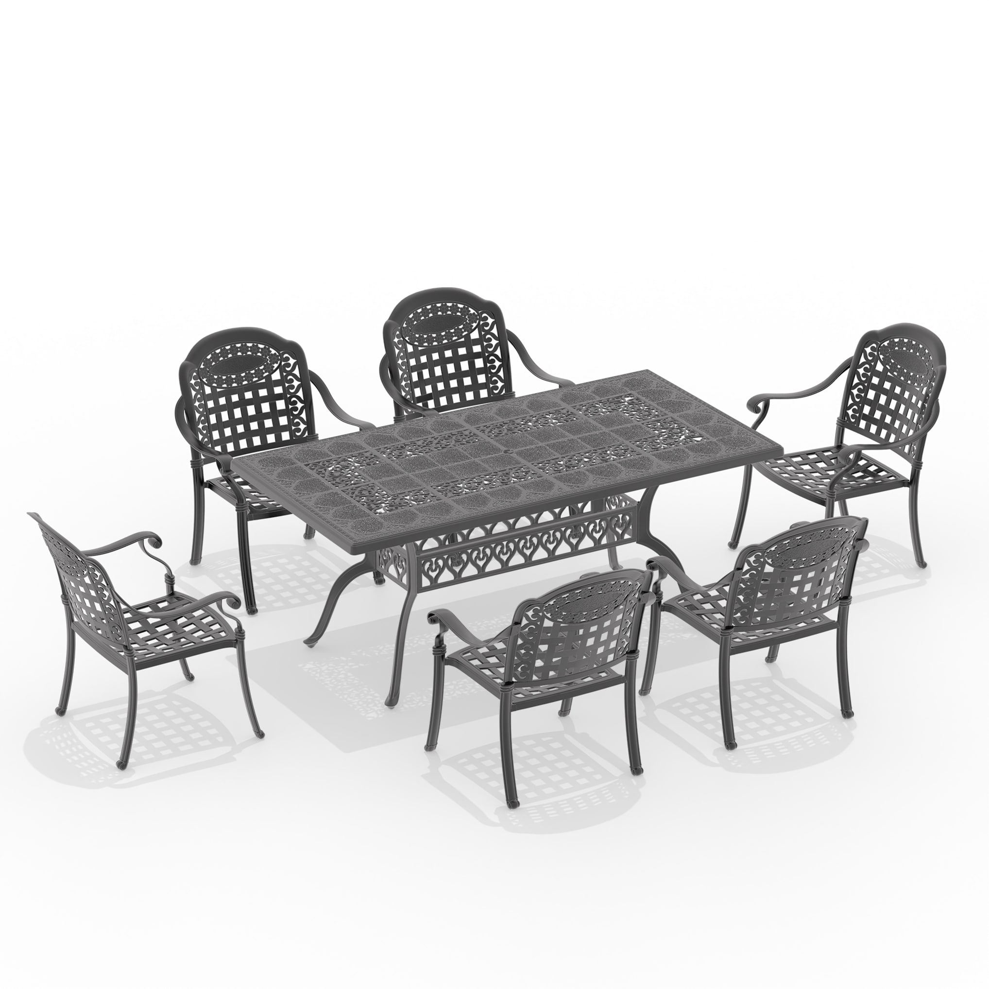 Kahomvis NICE-QP1092-160 7 -Piece Black Patio Dining Set Aluminum Rectangle Table with 6 Multiple colors/finishes Cushions Stationary Chairs