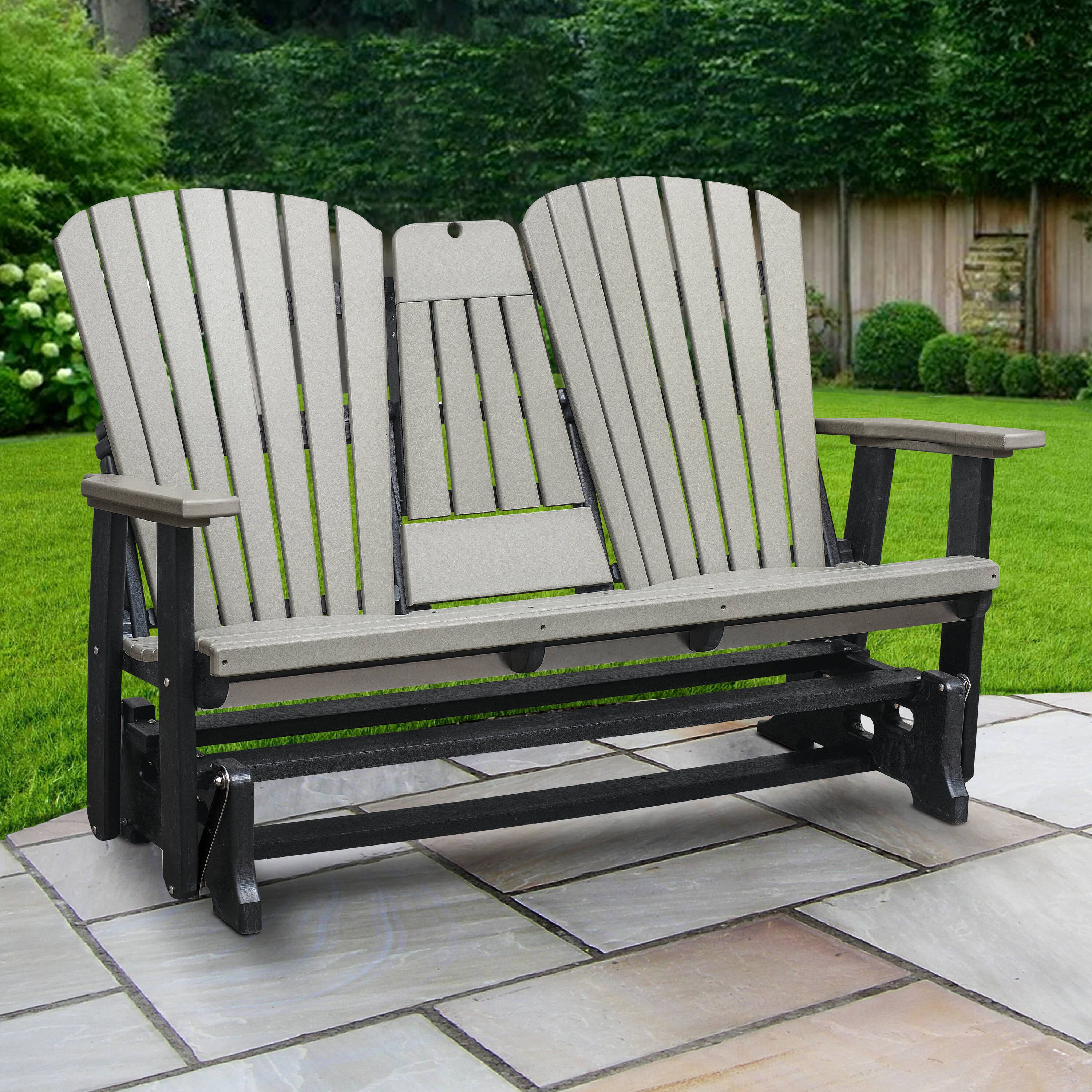 American Furniture Classics Adirondack 60-in W x 42-in H Light Gray on Black HDPE Glider Bench