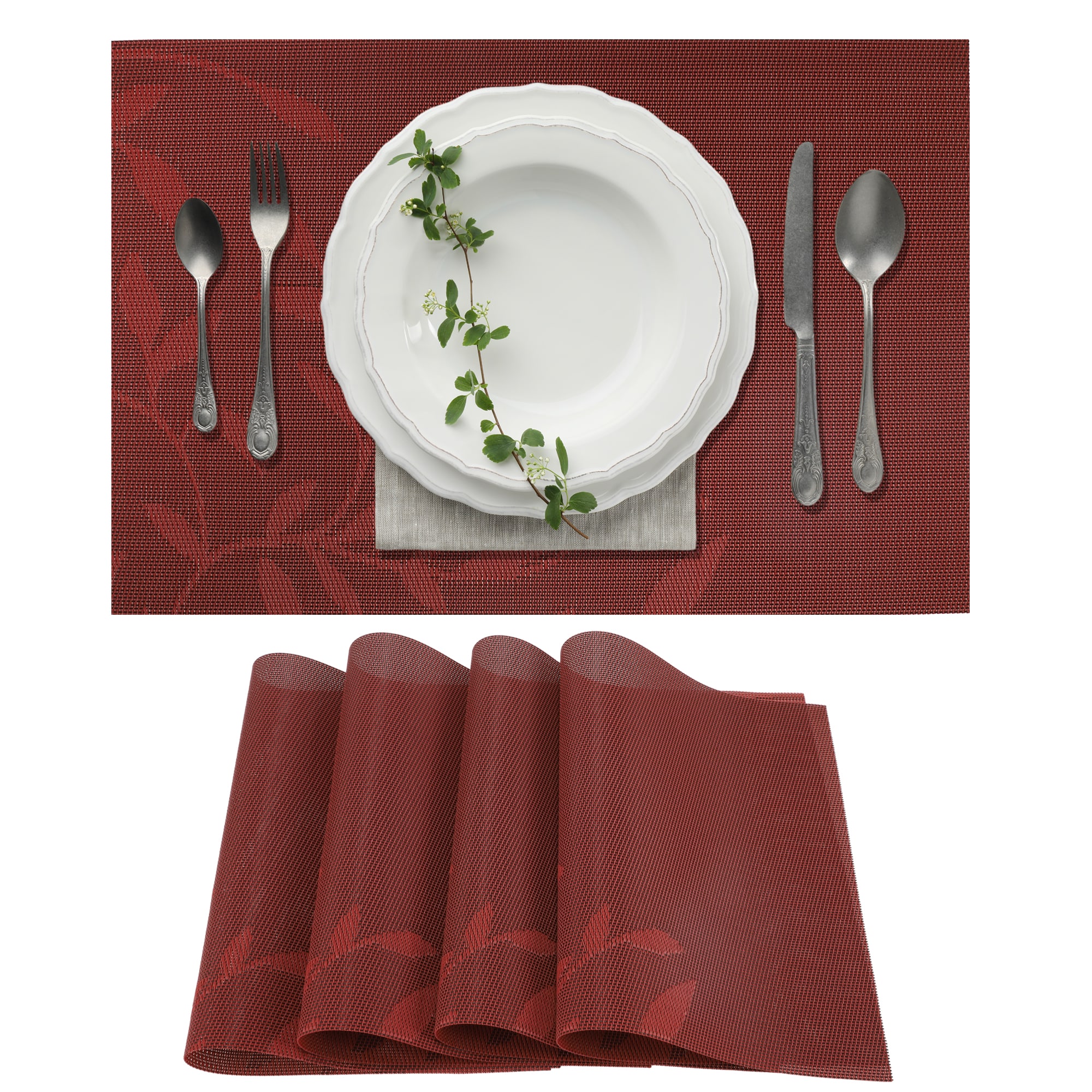 Unique Bargains 4pcs Leaves Pattern Placemats PVC PET Place Mats for Kitchen Dining Table Heat-Resistant Washable Table Mats for Kitchen Table Red