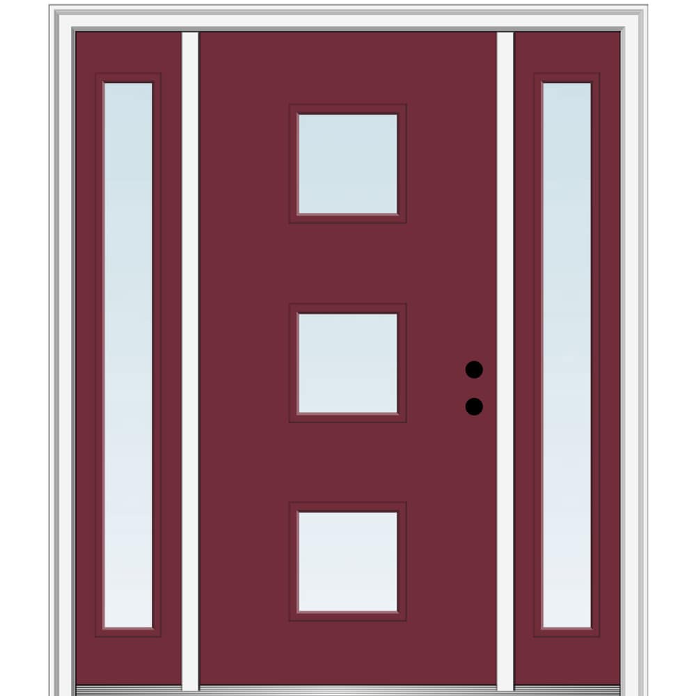 MMI DOOR ZZ348835L 64-in x 80-in x 6-9/16-in Fiberglass Pulse lite Left-hand inswing Burgundy Painted Prehung Front Door with Sidelights with Brickmould Insulating core