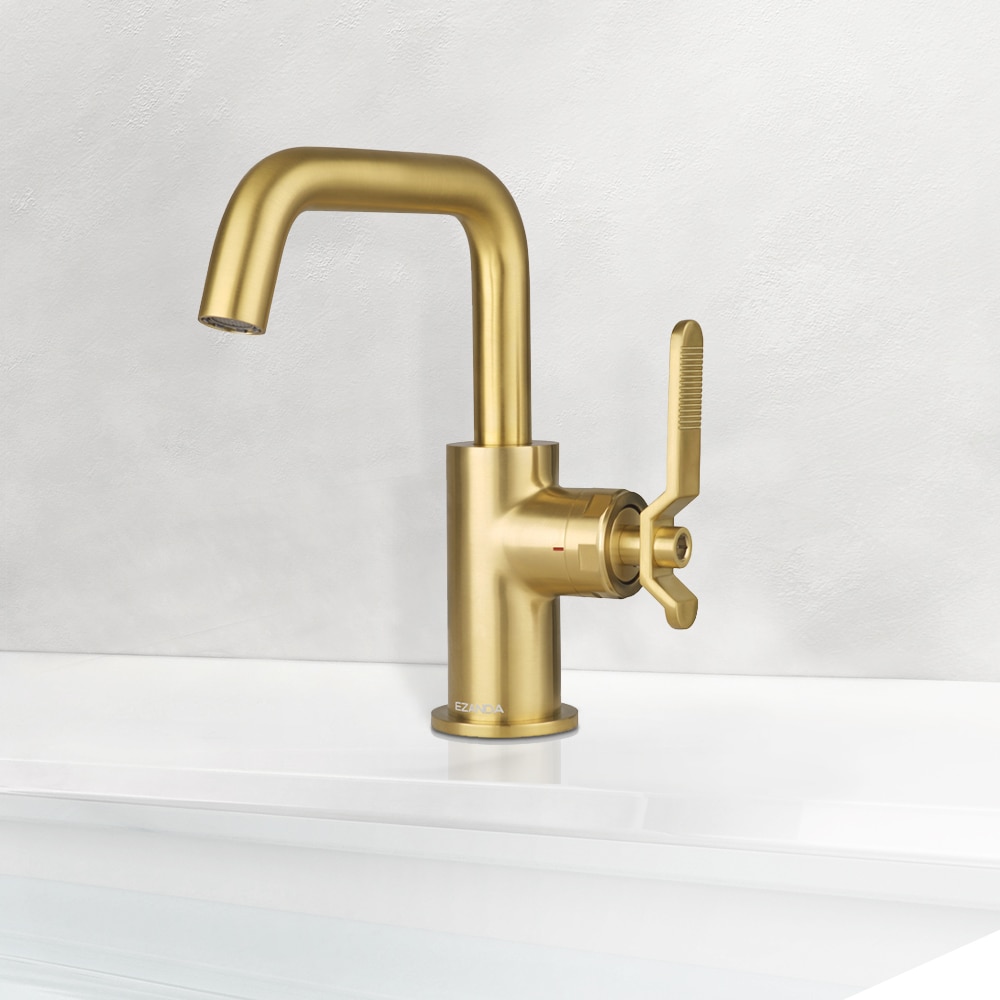 EZANDA 1433908 Pearl Brushed Gold Single hole 1-handle High-arc Residential Handle Bathroom Sink Faucet with Drain