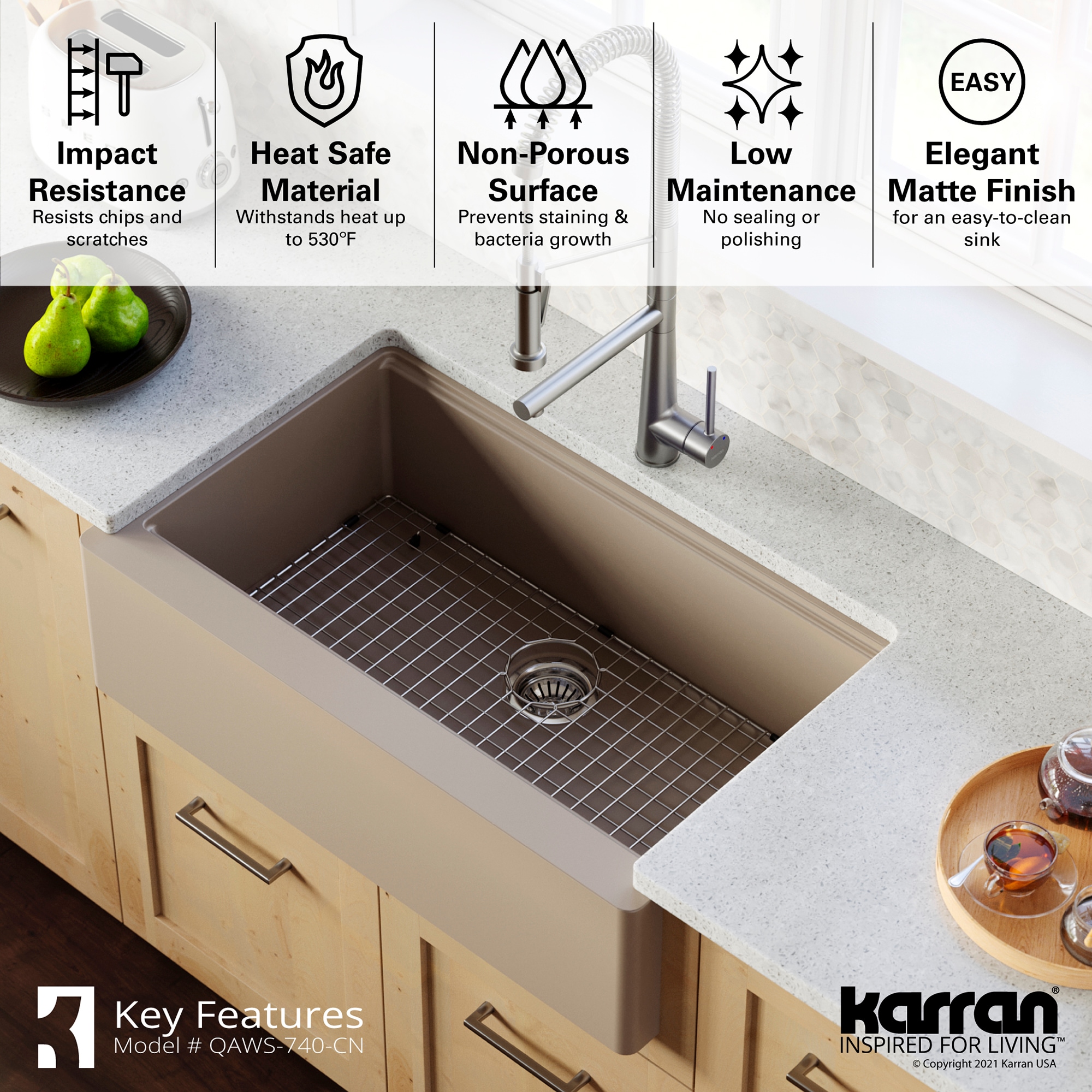 Concrete Quartz 34'' Single Bowl Farmhouse Workstation Sink