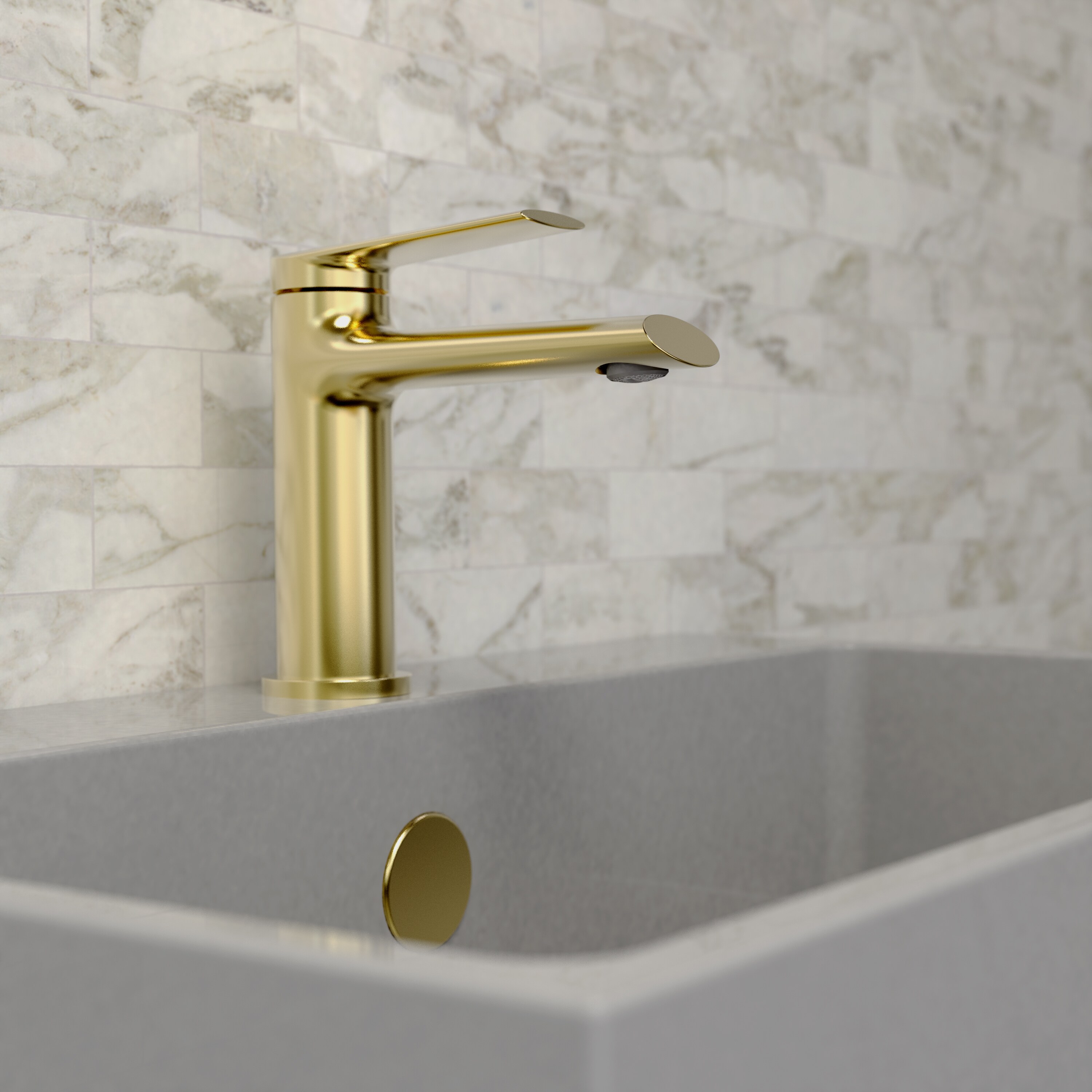 Belanger Opalia Matte Gold 1-handle Single Hole WaterSense Mid-arc Bathroom Sink Faucet with Drain with Deck Plate
