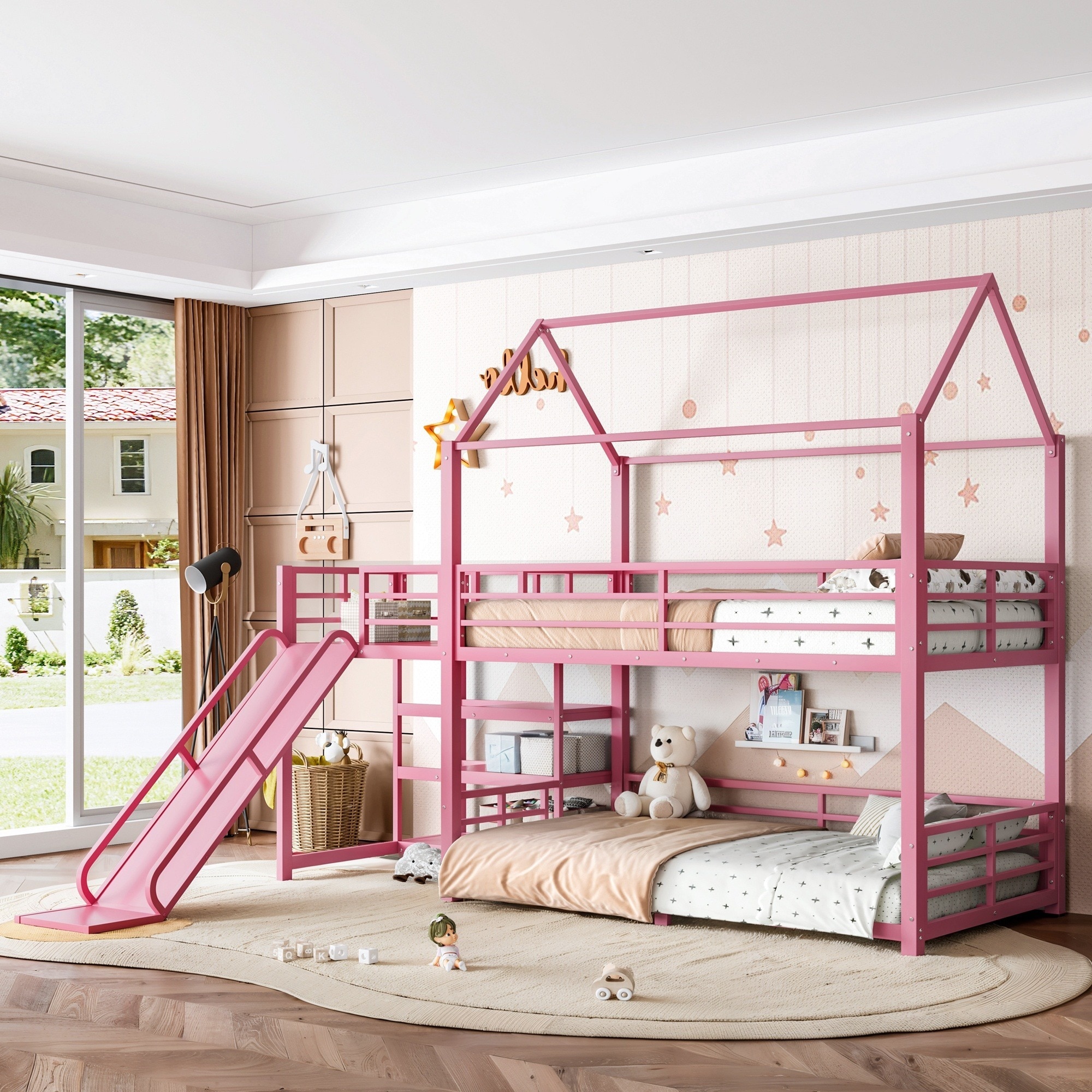 UOI Pink Twin Metal House Bunk Bed with Storage Stairs  Slide  Safety Rails and Noise-Free Frame