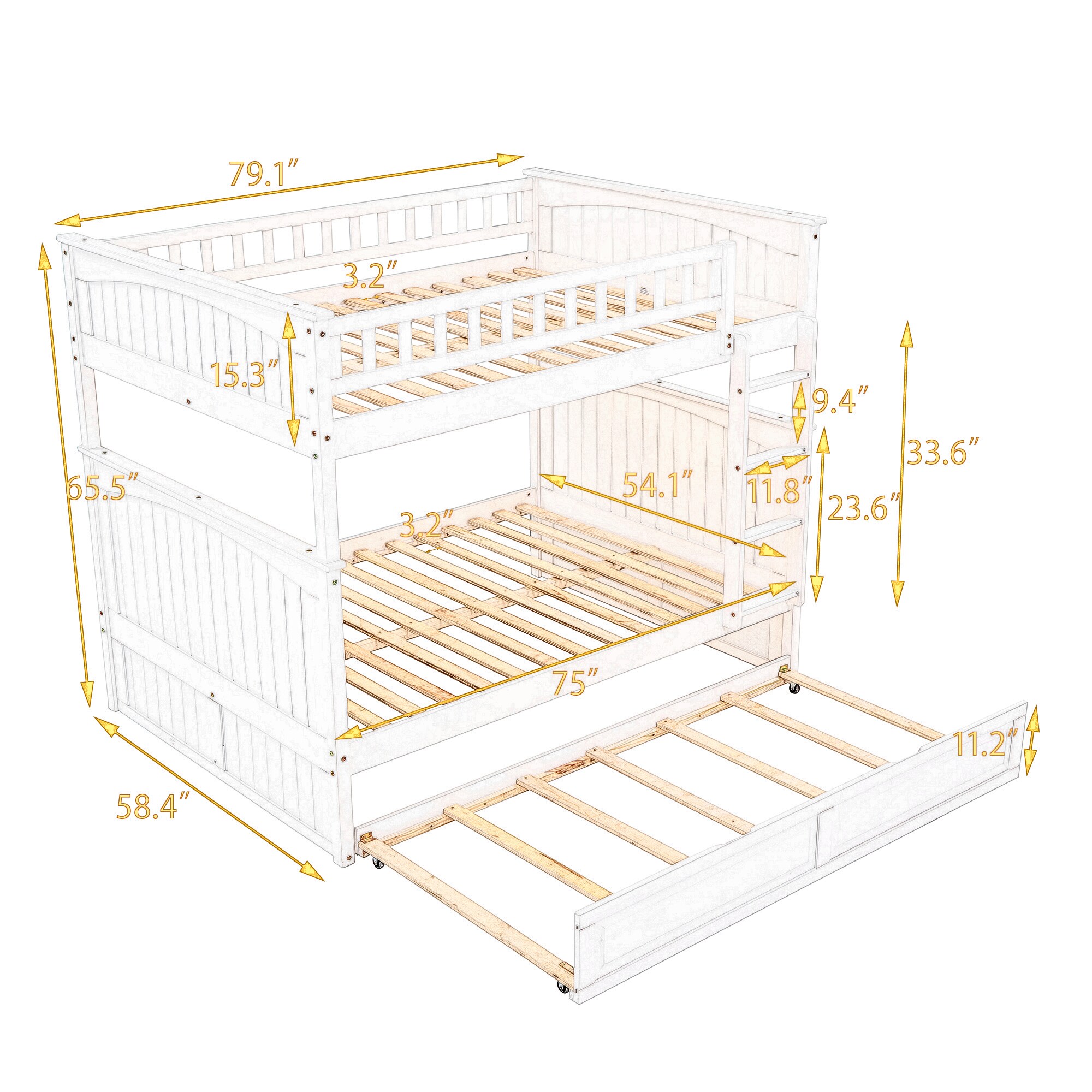 Qualler Gray Full over Full Bunk Bed with Trundle, Solid Wood Frame ...