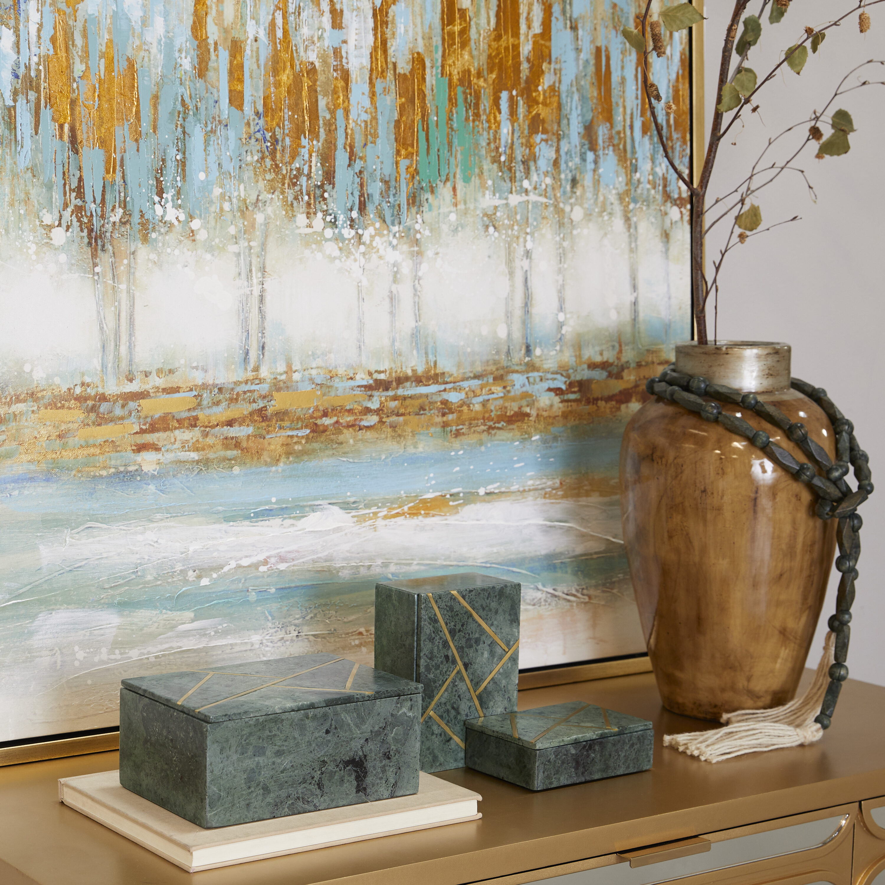 Grayson Lane 89677 3 -Pack Green Marble Modern Decorative box