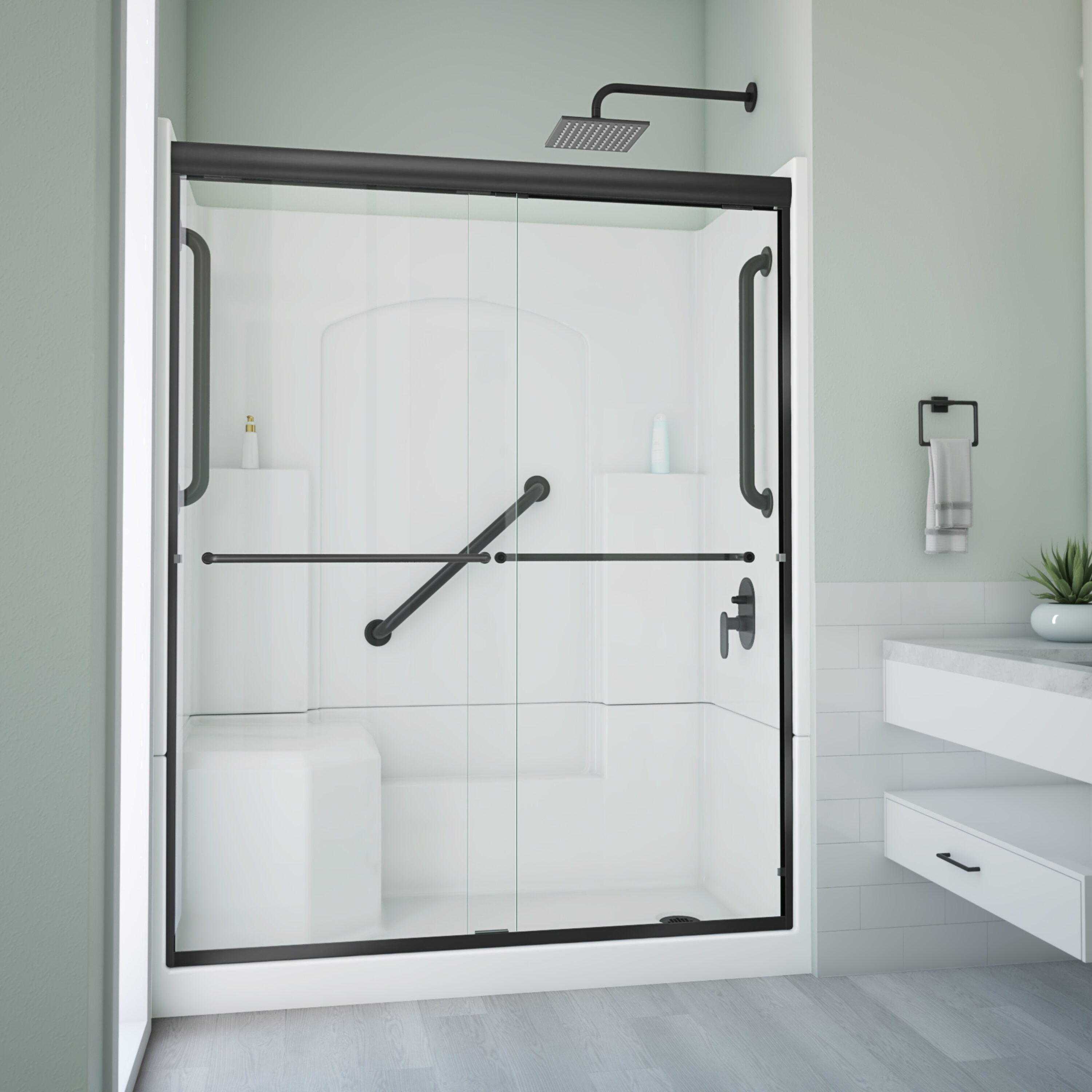 Laurel Mountain L3260SH1S4PLWM1 Ramer 5 -Piece 32-in W x 60-in L x 77-in H Alcove shower kit ( Right Drain) with Integrated Seat Base, Wall, Door and Drain Included Black Hardware Included