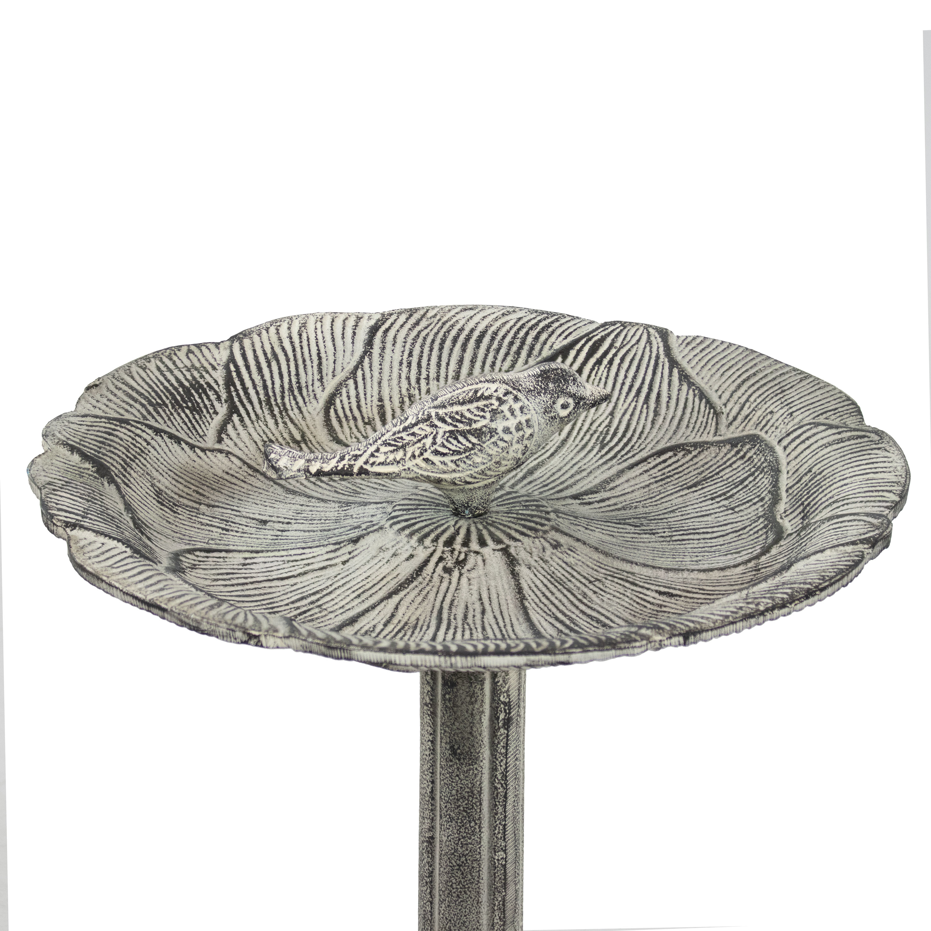 Antique Gray Cast Aluminum Bird Bath with Blossom Motif