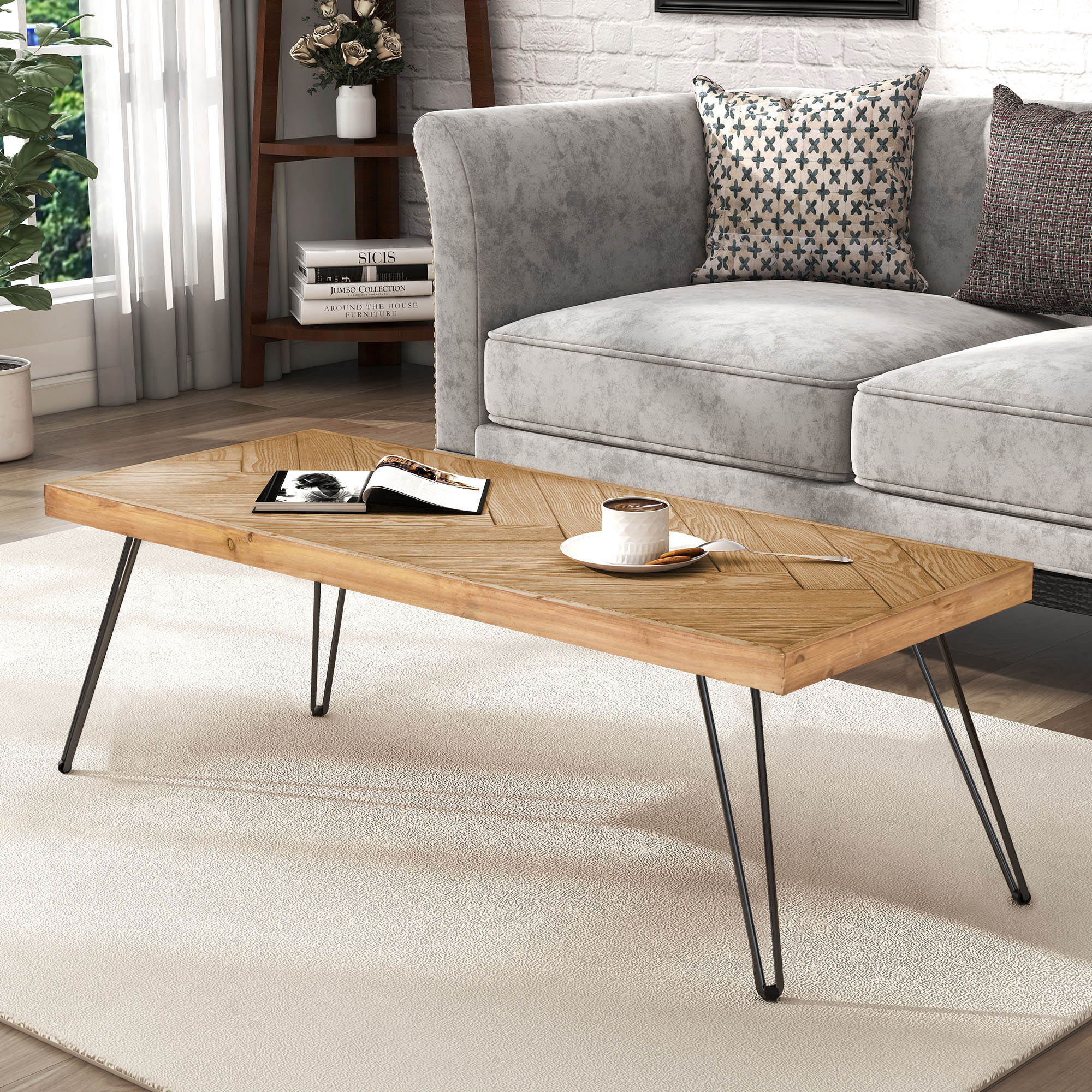 ModernLuxe WF190111AAD Modern Coffee Table Easy Assembly Tea Table Cocktail Table with wChevron Pattern  Metal Hairpin Legs for Living Room Ash Wood Finished