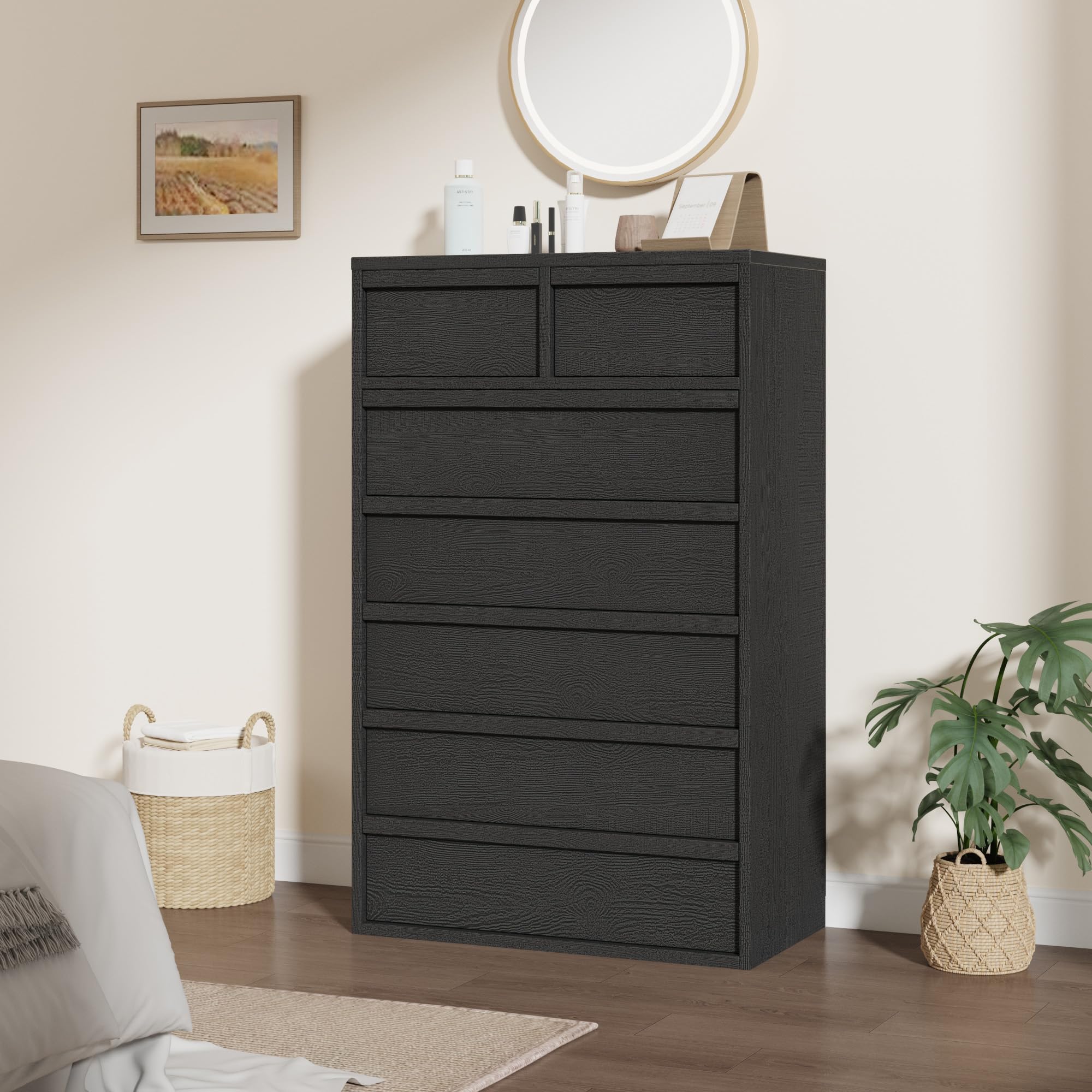 used black dresser GarveeLife Wood Grain MDF 7-Drawer Tall Chest of Drawers two tone black and wood dresser