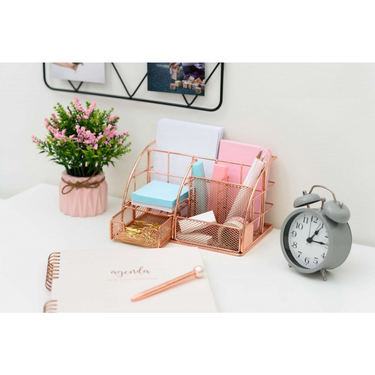 HomeRoots 5-Compartment Rose Gold Steel Mesh Desktop Organizer Set in ...