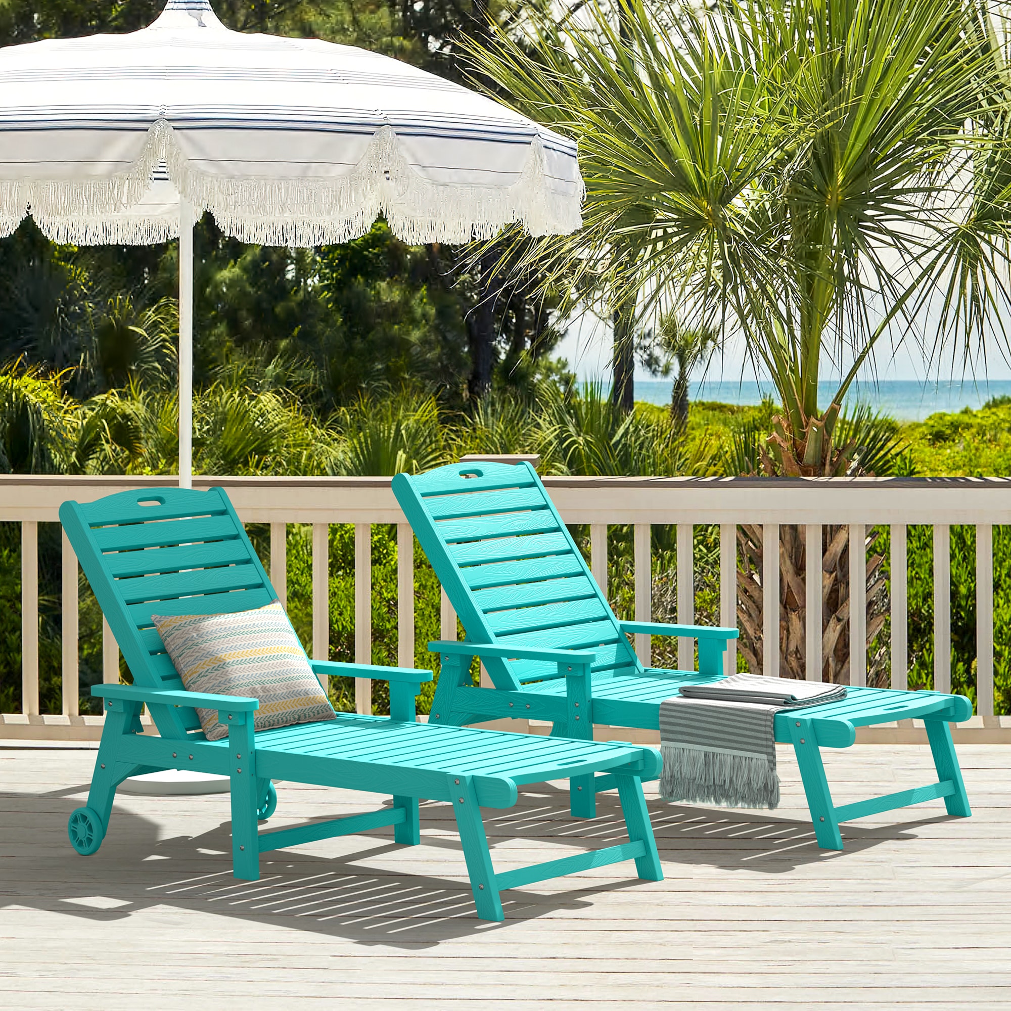 LUE BONA 2LB23OLC0001-400LS Set of 2 Aruba Blue HDPE Frame Stationary Chaise Lounge Chair with Slat Seat
