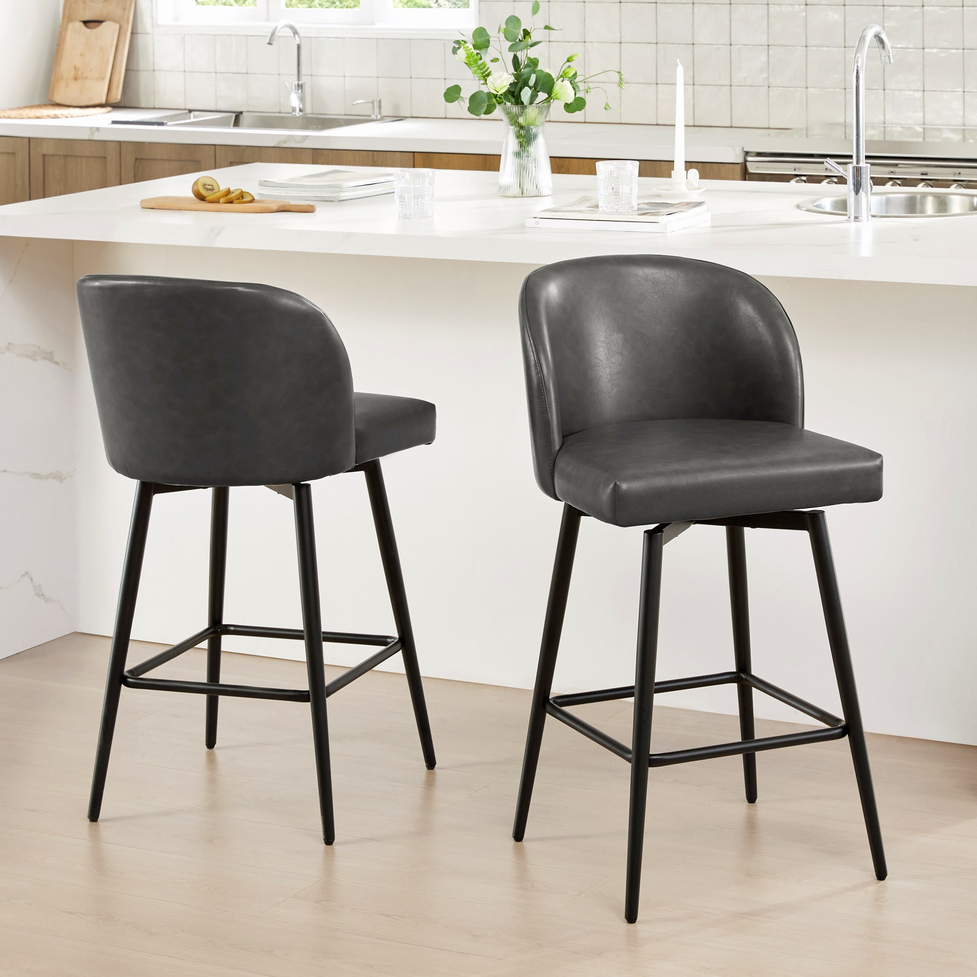 Circle 55 LWSY2001-PU6016-B 2 -Set Gray 27-in H Counter height Bucket seat Upholstered Swivel Metal Bar Stool and Back