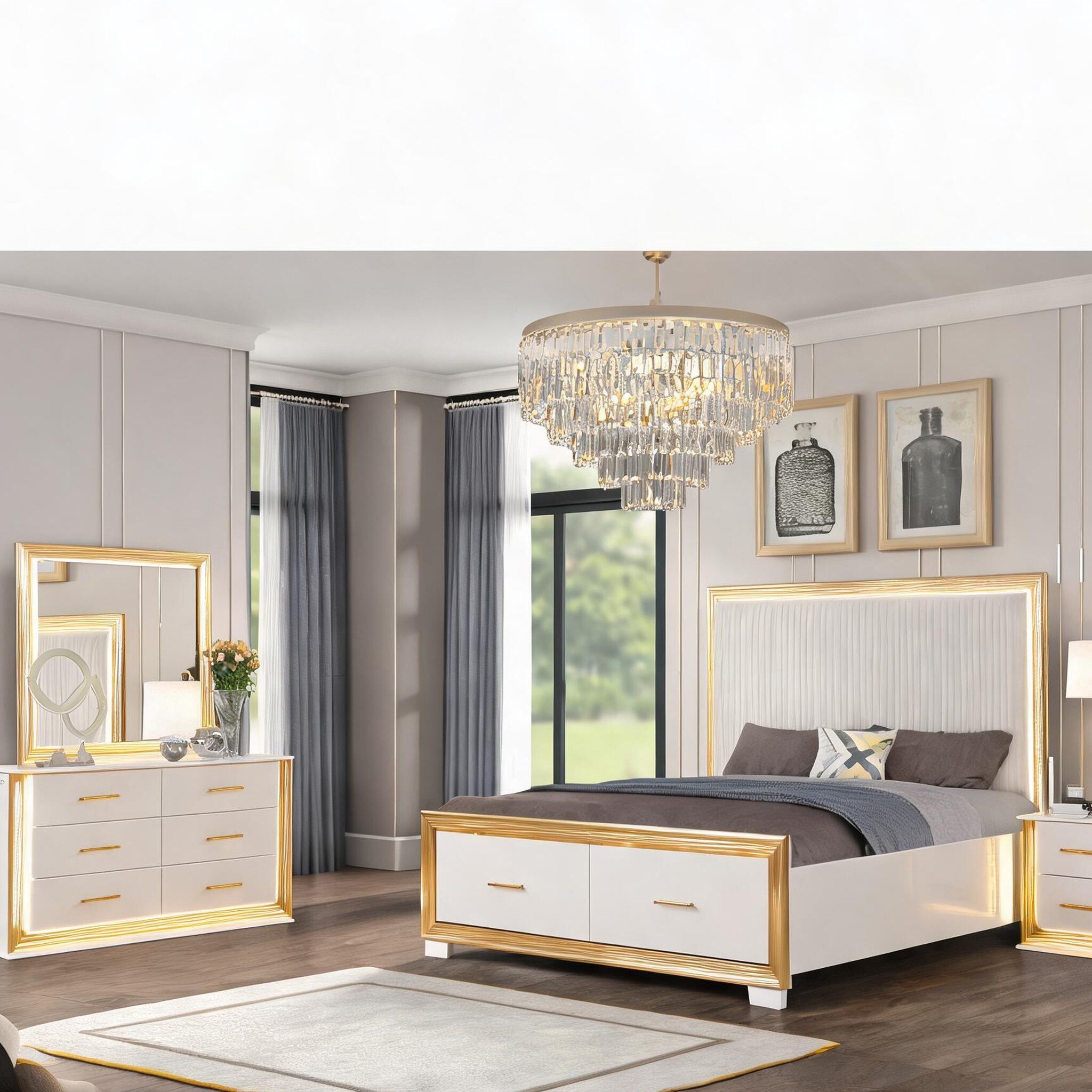 white and gold dresser and nightstand set Watnature King 4-Piece Bedroom with Finish Mirror Classic Wood Construction off white and gold furniture