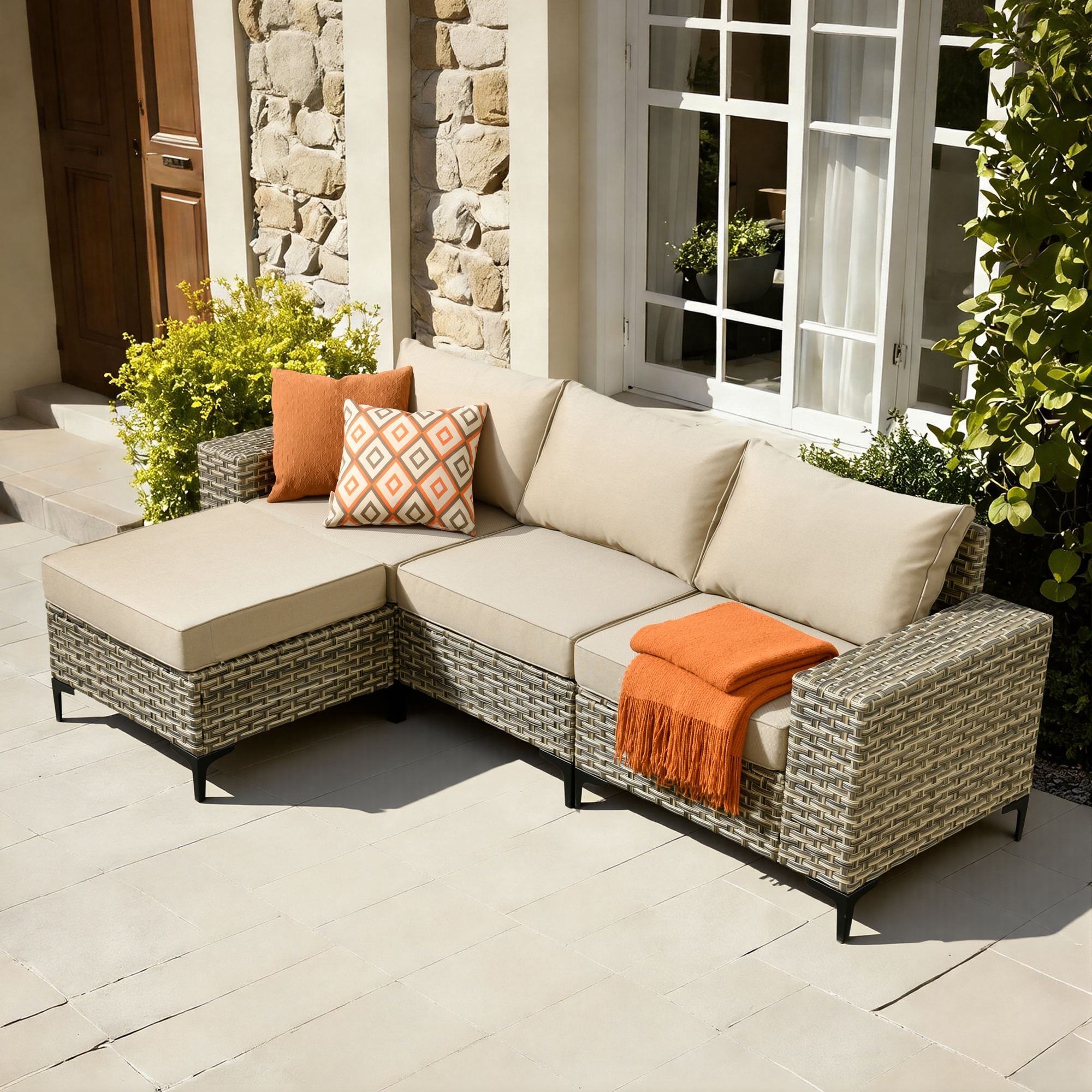 Ovios VRC605 Rattan Outdoor Sectional with Beige Cushions and Powder-Coated Steel Frame
