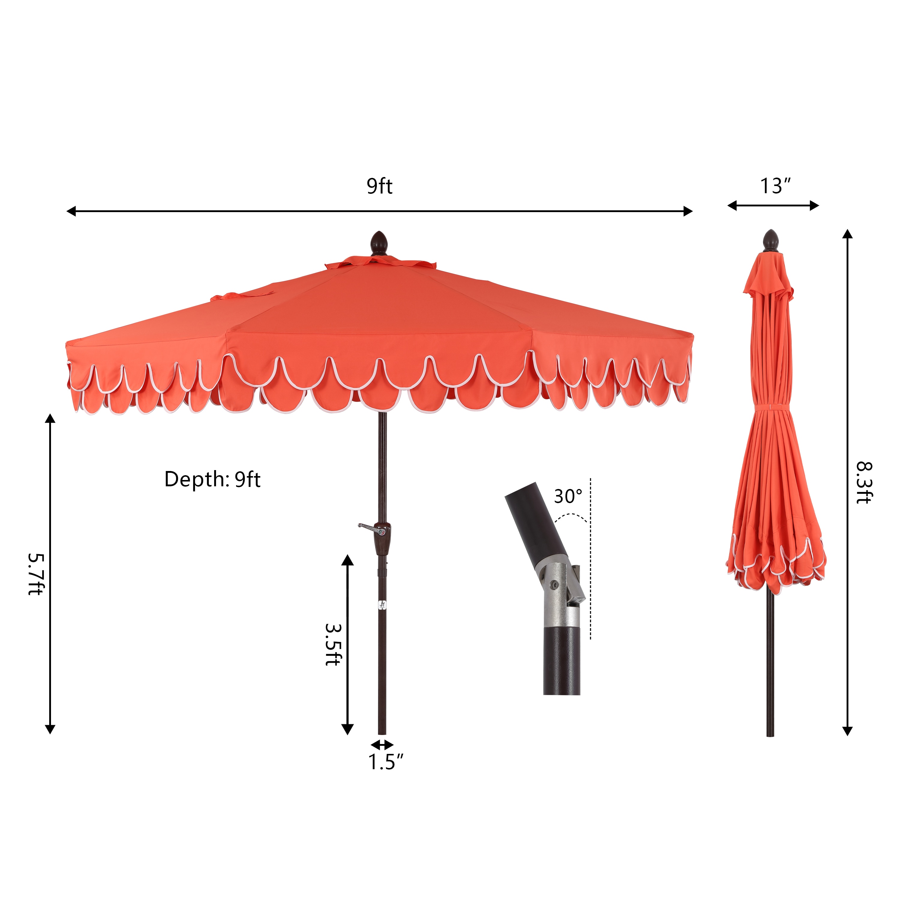 Coral Red 9 ft. Scalloped Fringe Patio Umbrella with Auto-Tilt