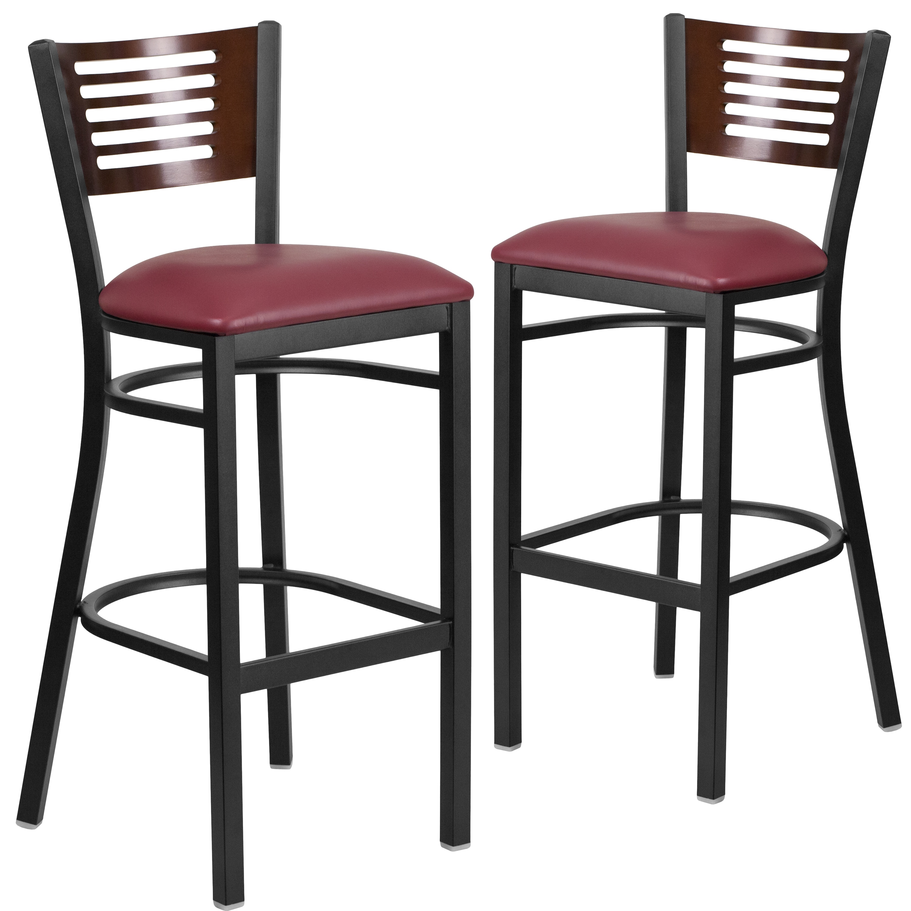 Flash Furniture 889142063483 2 Pk. HERCULES Series Black Slat Back Metal Restaurant Barstool - Walnut Wood Back; Burgundy Vinyl Seat