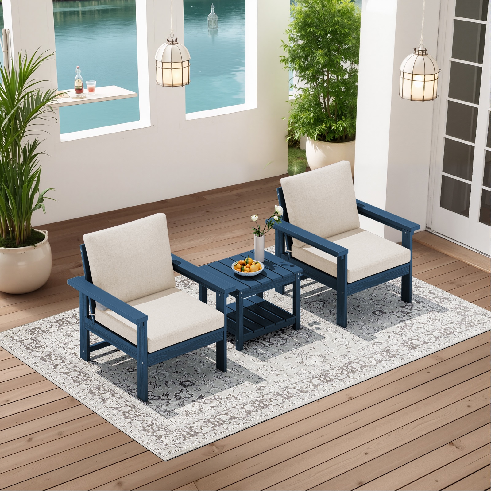 VOUA ZHSF03-BJ-NK Patio Conversation Set for 2 with Side Table 3 -Piece Patio Conversation Set with Beige Cushions