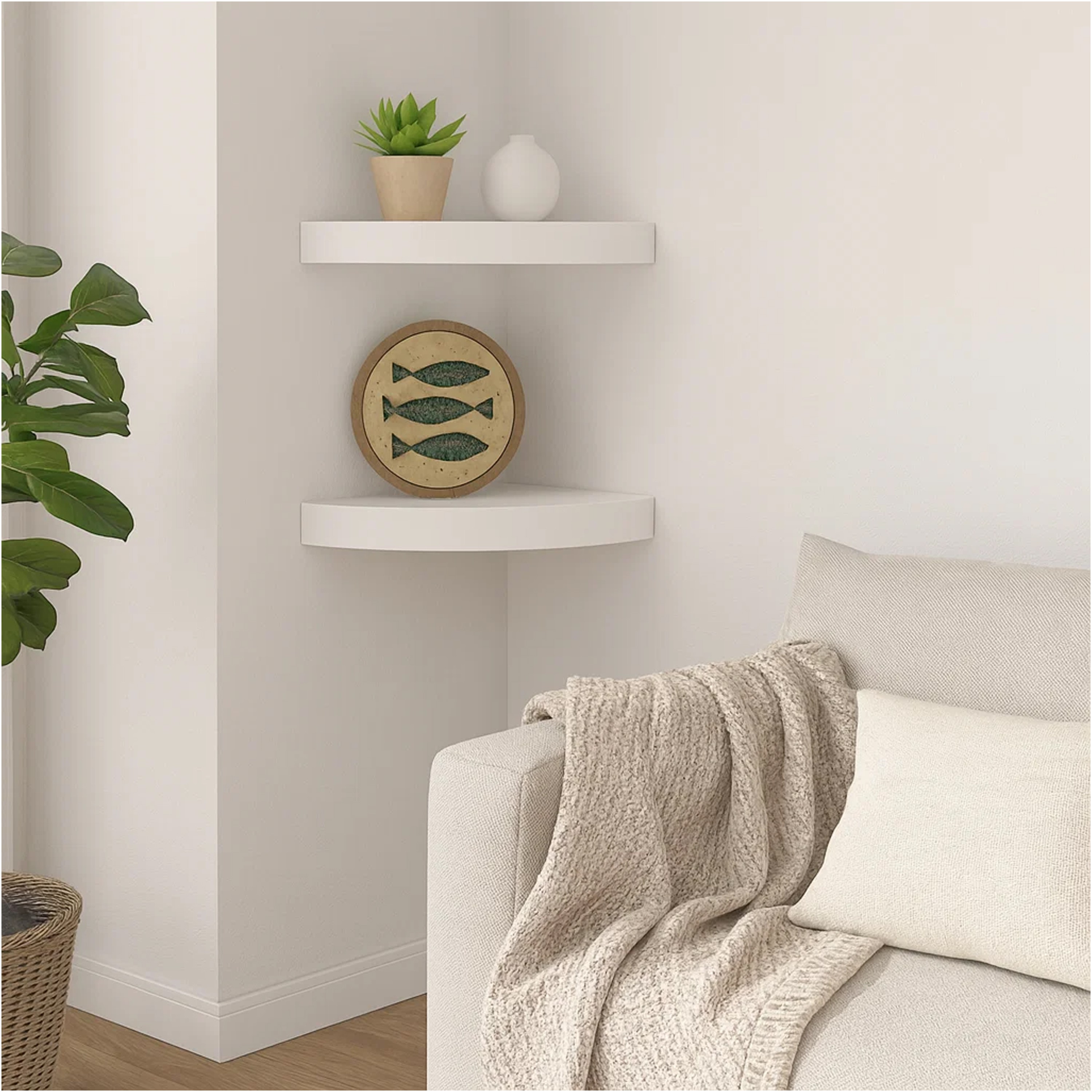 Benzara Phoebs 98 in W x 98 in D White Wood Solid Decorative Wall Shelf Set of 2