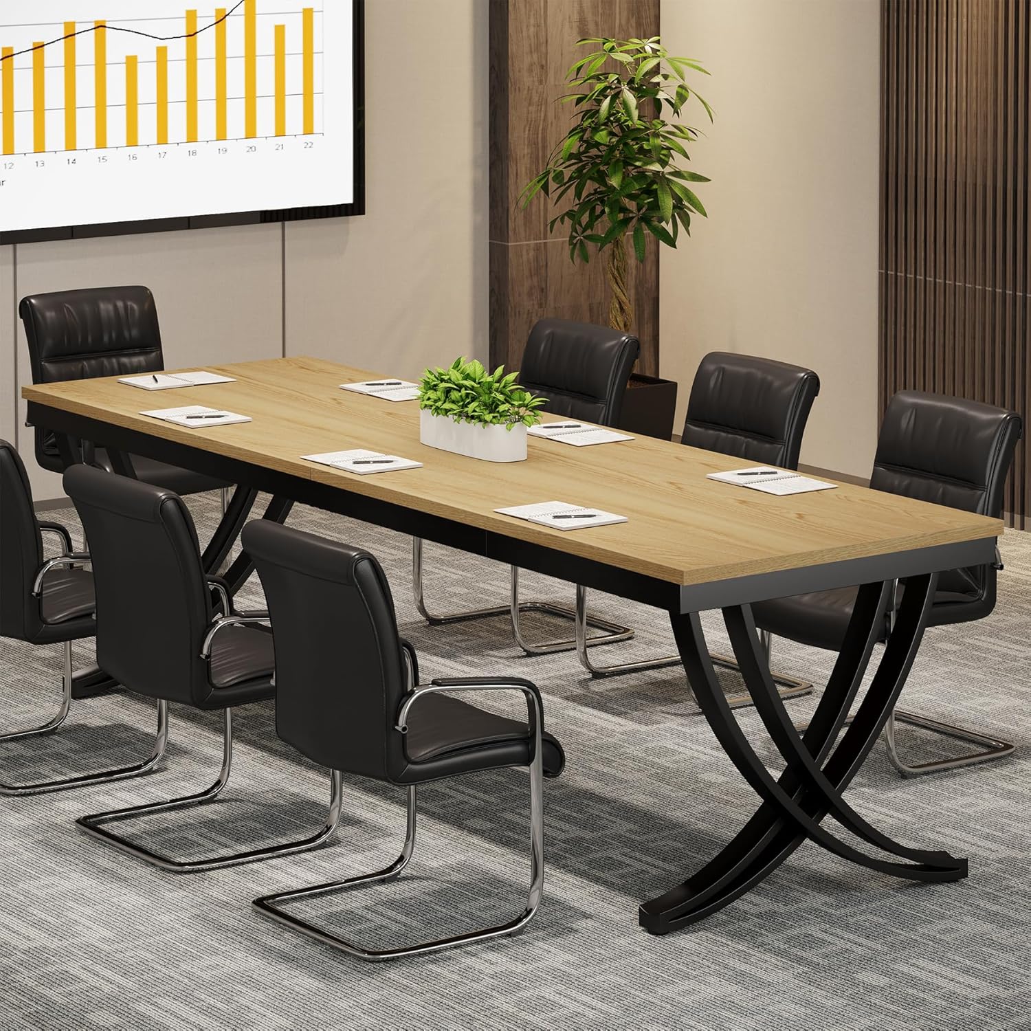 Oak 6 to 8 person Rectangular Conference Table 79.7 W x 29.5 H with Strong Metal Frame