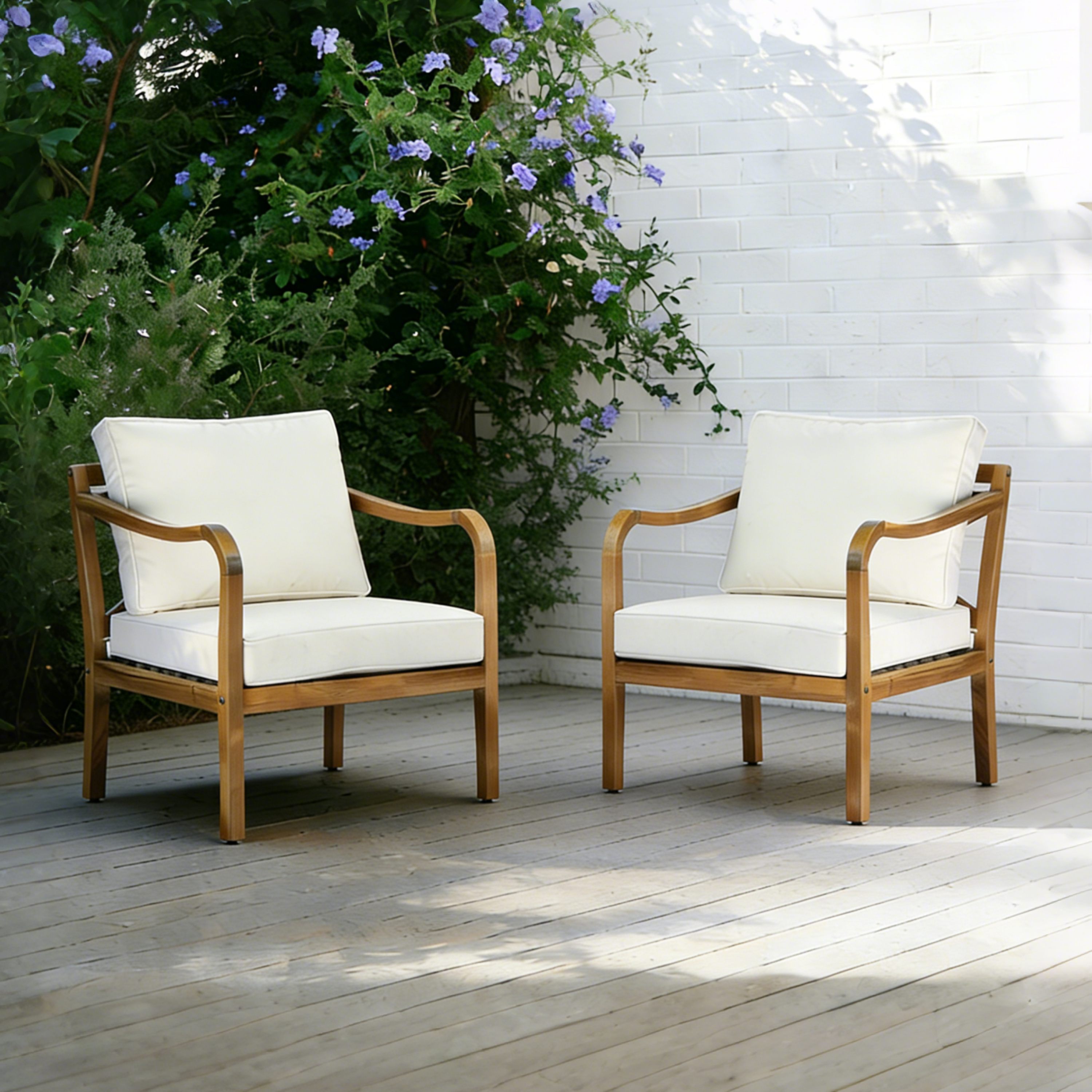 Christopher Knight Home Outdoor Louvale Acacia Wood Club Chair with Elegant Curved Armrests with Cross Back and Soft Cushions - Teak Finish (Set of 2)