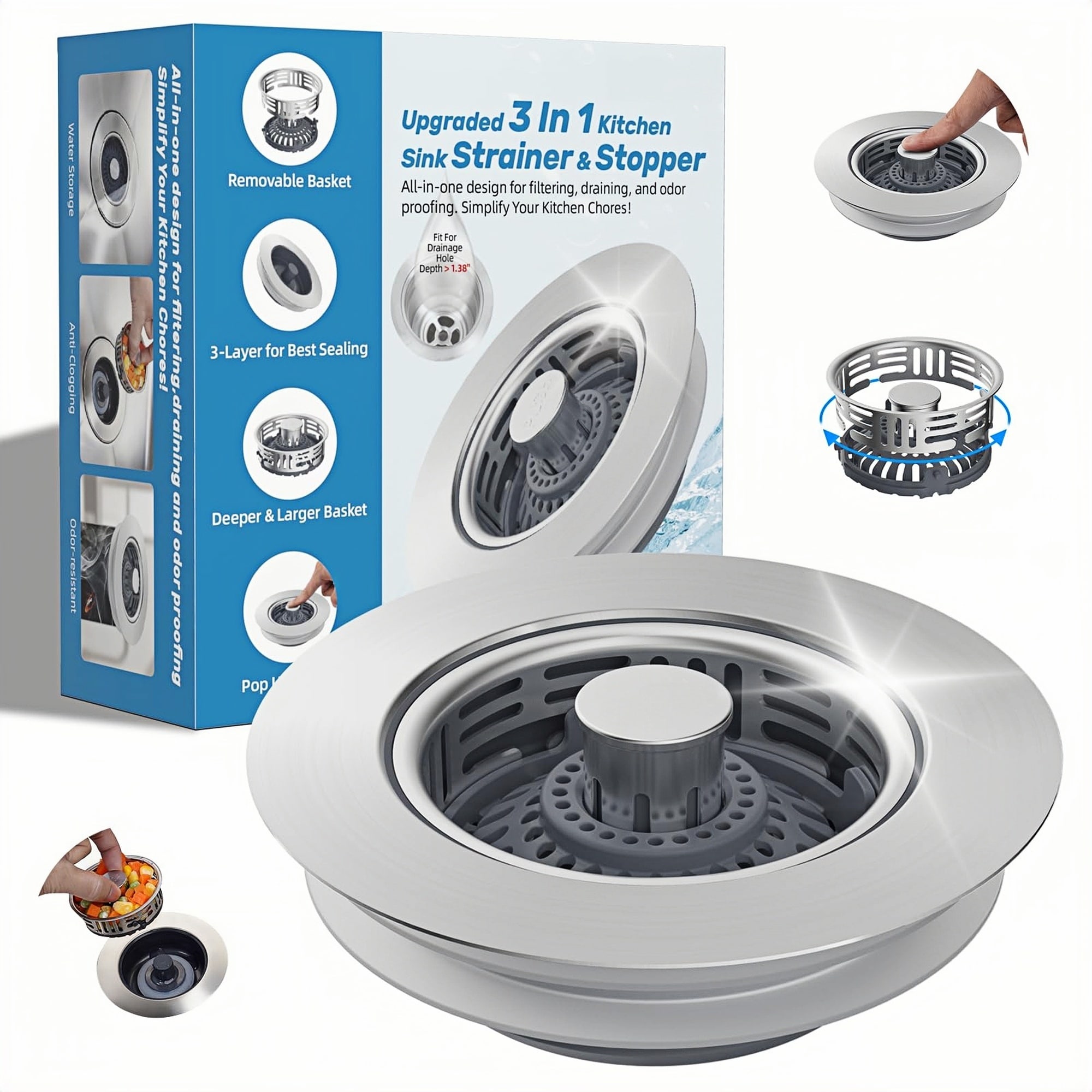 Numhew 3-1 2 in 3 Function Brushed Nickel Kitchen Sink Drain Strainer