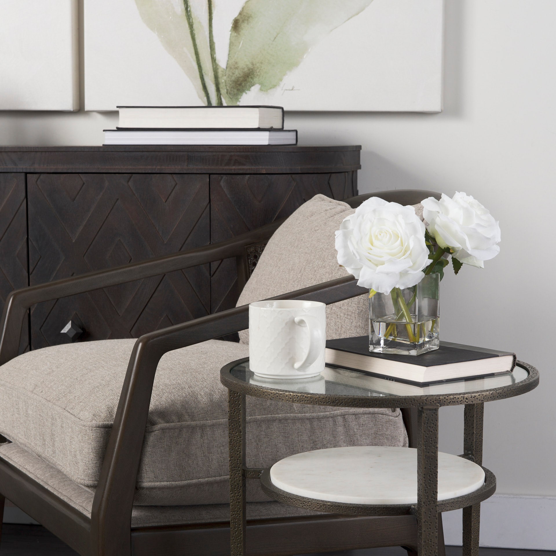 Antique Gold Metal and Marble Glass Top Side Table
