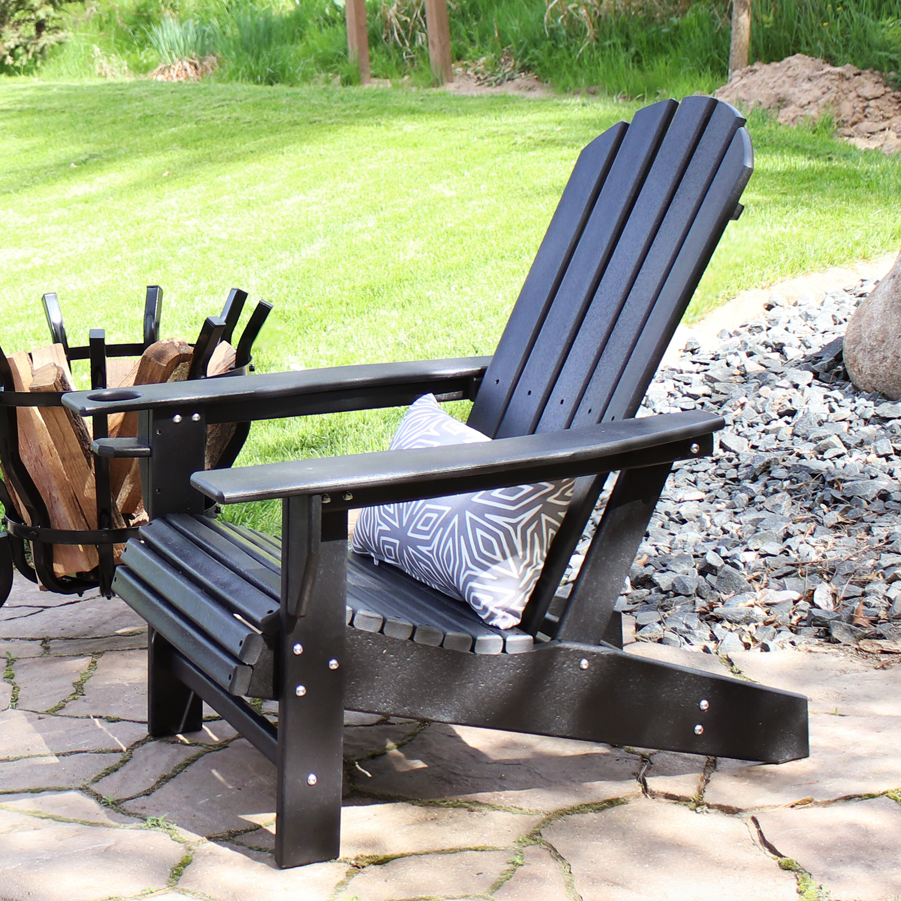 Black HDPE Outdoor Adirondack Chair with Cup Holder