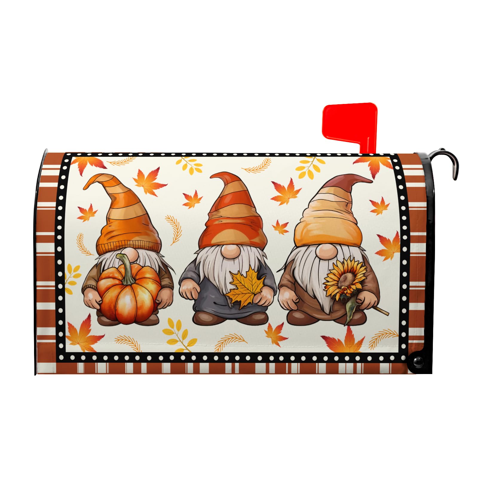 KHKFY  Fall Gnomes Mailbox Cover Magnetic Autumn Maple Leaves Pumpkins Sunflower Standard Size 21 by 18 Inch Mailbox Wrap for Garden Yard Decor