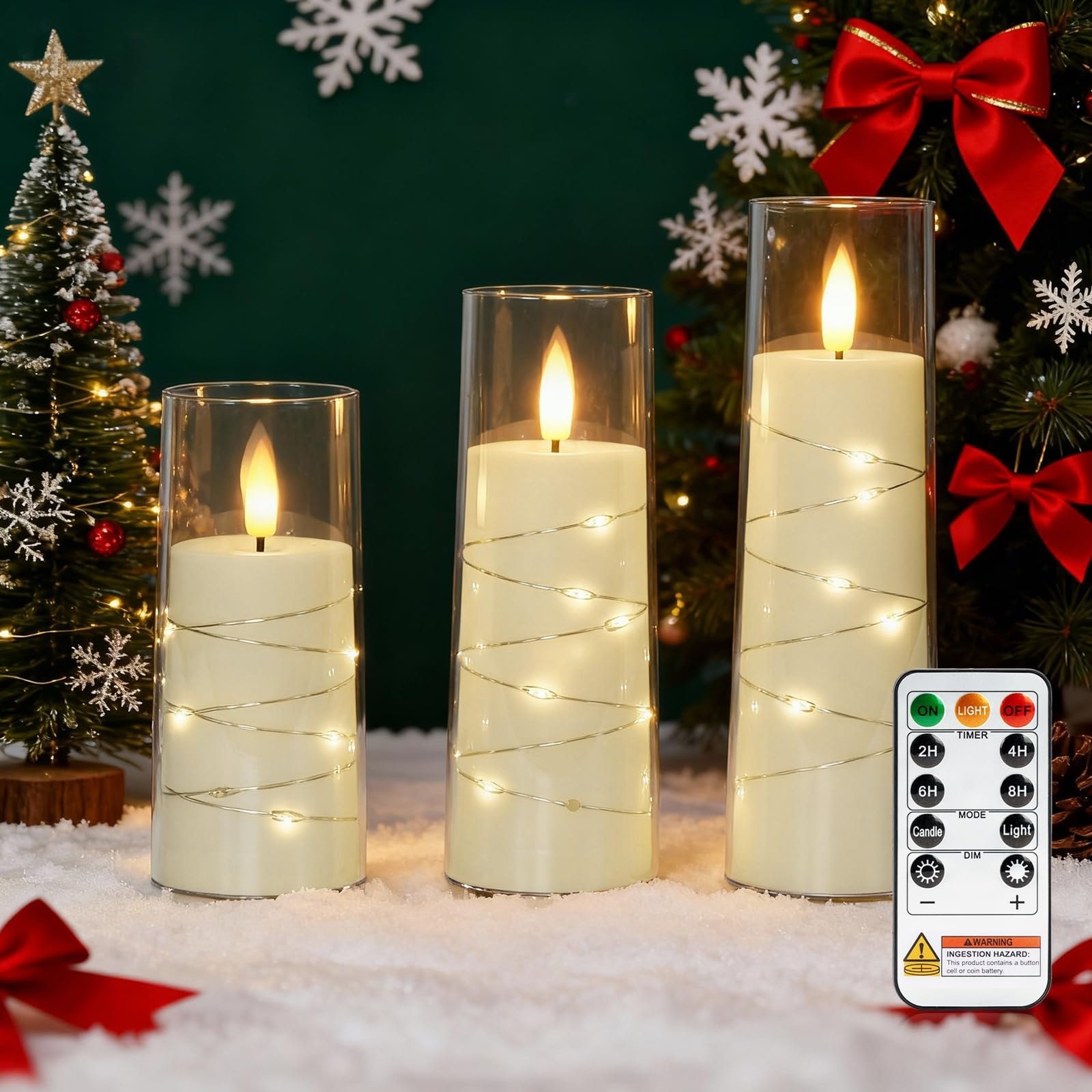 Phewnyzo  Flameless LED Pillar Candle Set with Remote Timer Embedded Star String Acrylic Flickering Candles for Christmas Home Decor Gift