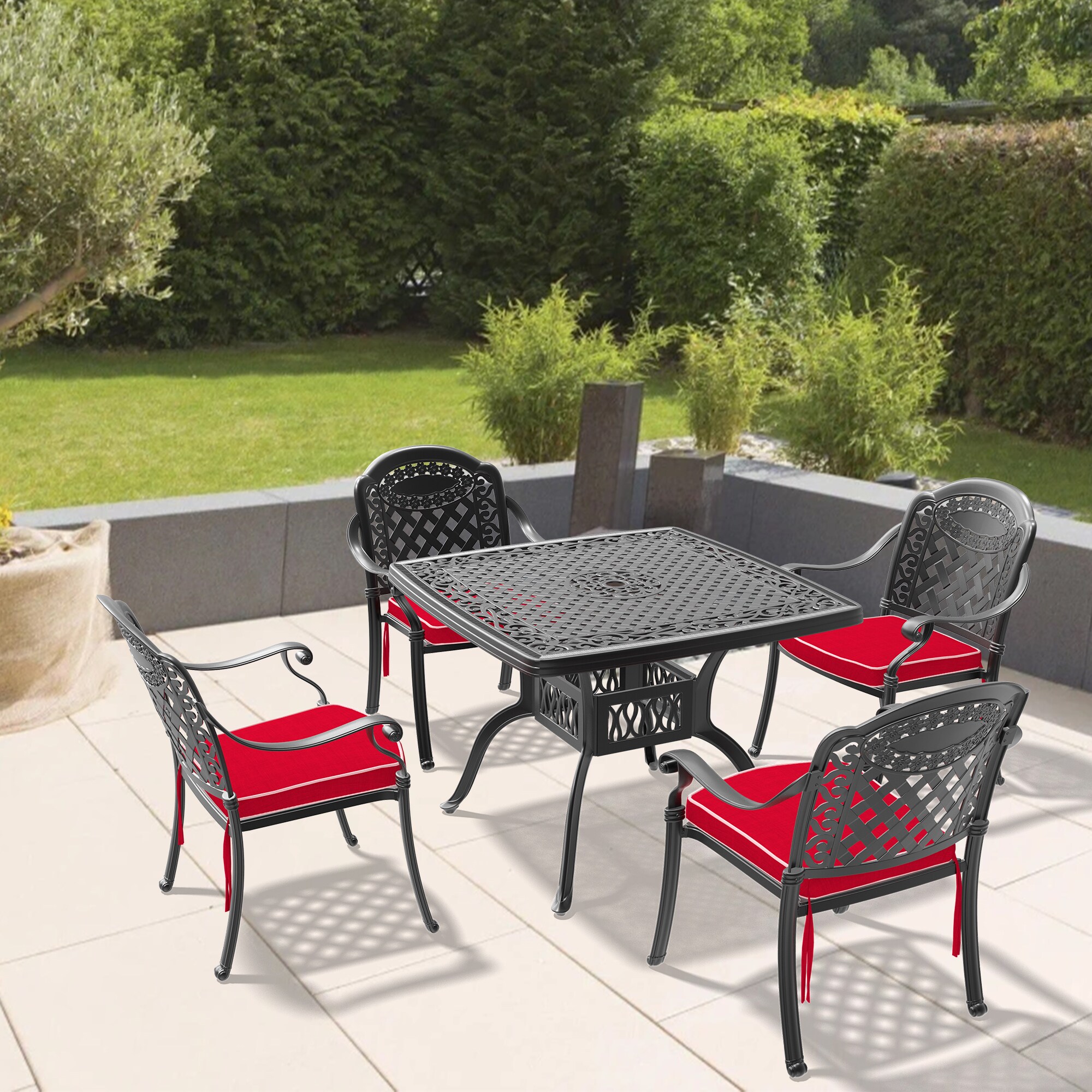 nicesure SLBK6008CZ4A1177RC 5 -Piece Black Patio Dining Set Aluminum Square Table with 4 Cushions Stackable Stationary Chairs