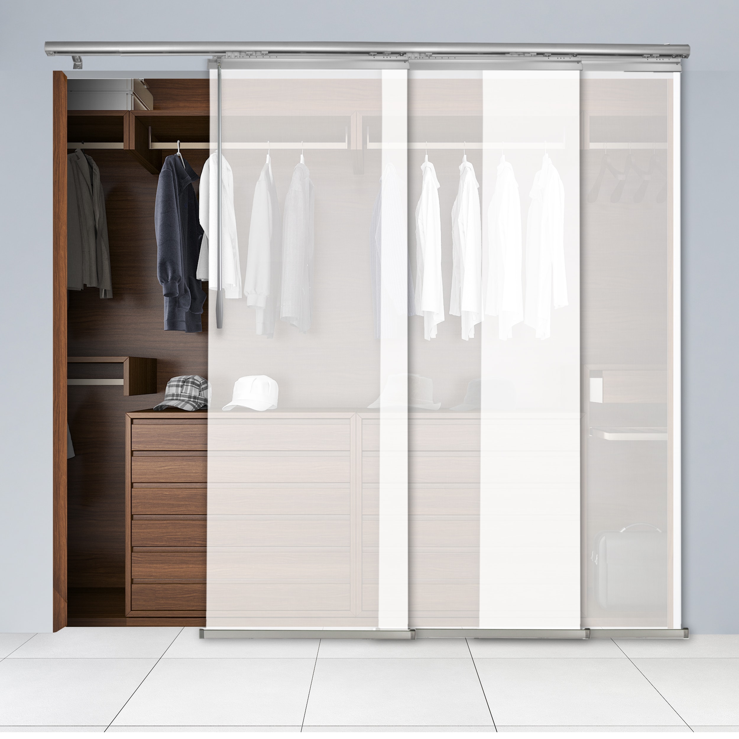 Hart & Harlow L-T24-3-3P12A 3-Panel Single Rail 23.5-in Slat Width 66.0-in x 91.4-in Cordless Chantilly Fabric Light filtering Panel track blinds