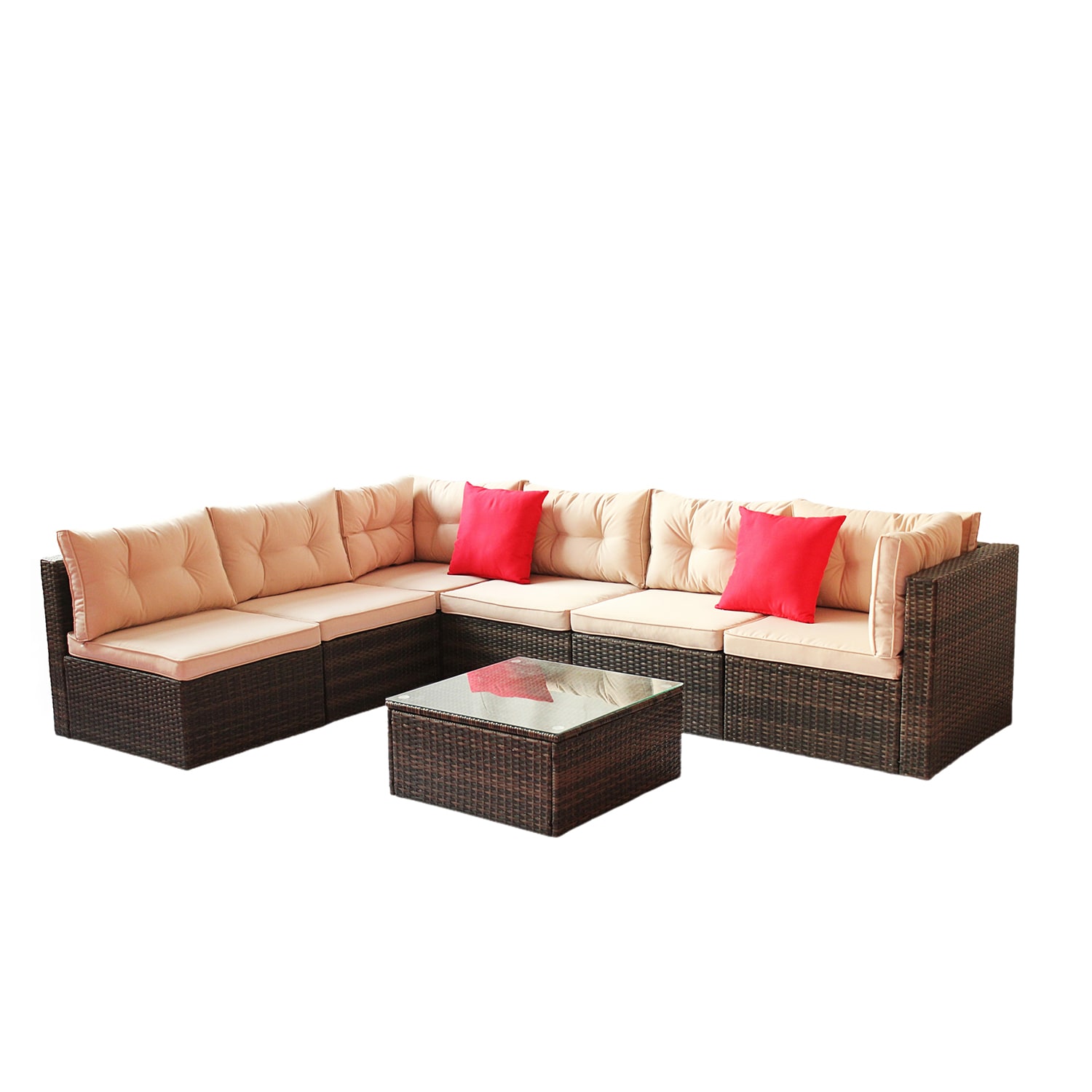 Bybafun YA0200082 7-Piece Rattan Patio Conversation Set with Brown Cushions