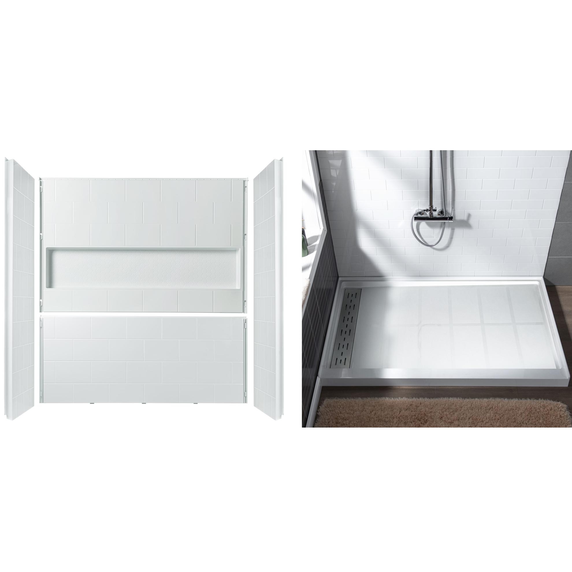 Woodbridge 60 L x 32 W x 75 H Shower Kit with Shower Walls in Glossy White and Shower Base in White with Left Drain