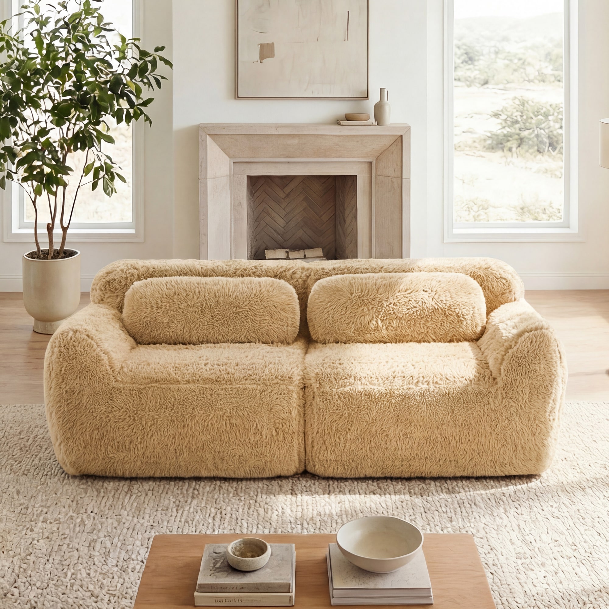Dacicica - 2 Seat Modular Compressed Sectional Sofa Fabric Light Khaki Couch with Pillows for Stu...