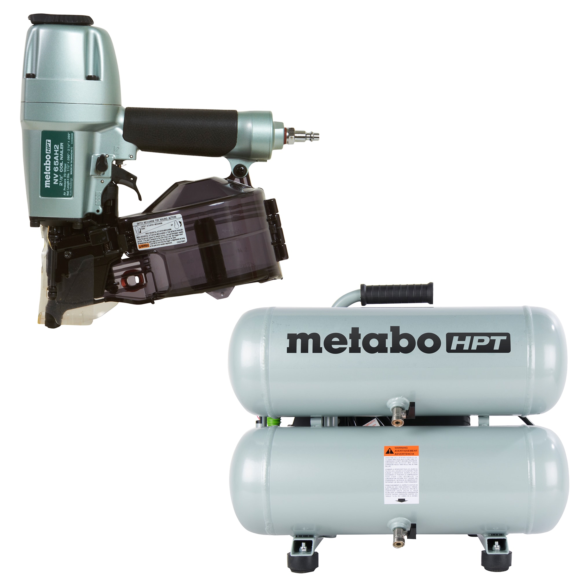 Metabo HPT 15-Degree Pneumatic Siding Nailer with 4-Gallon Single Stage Portable Electric Twin Stack Air Compressor