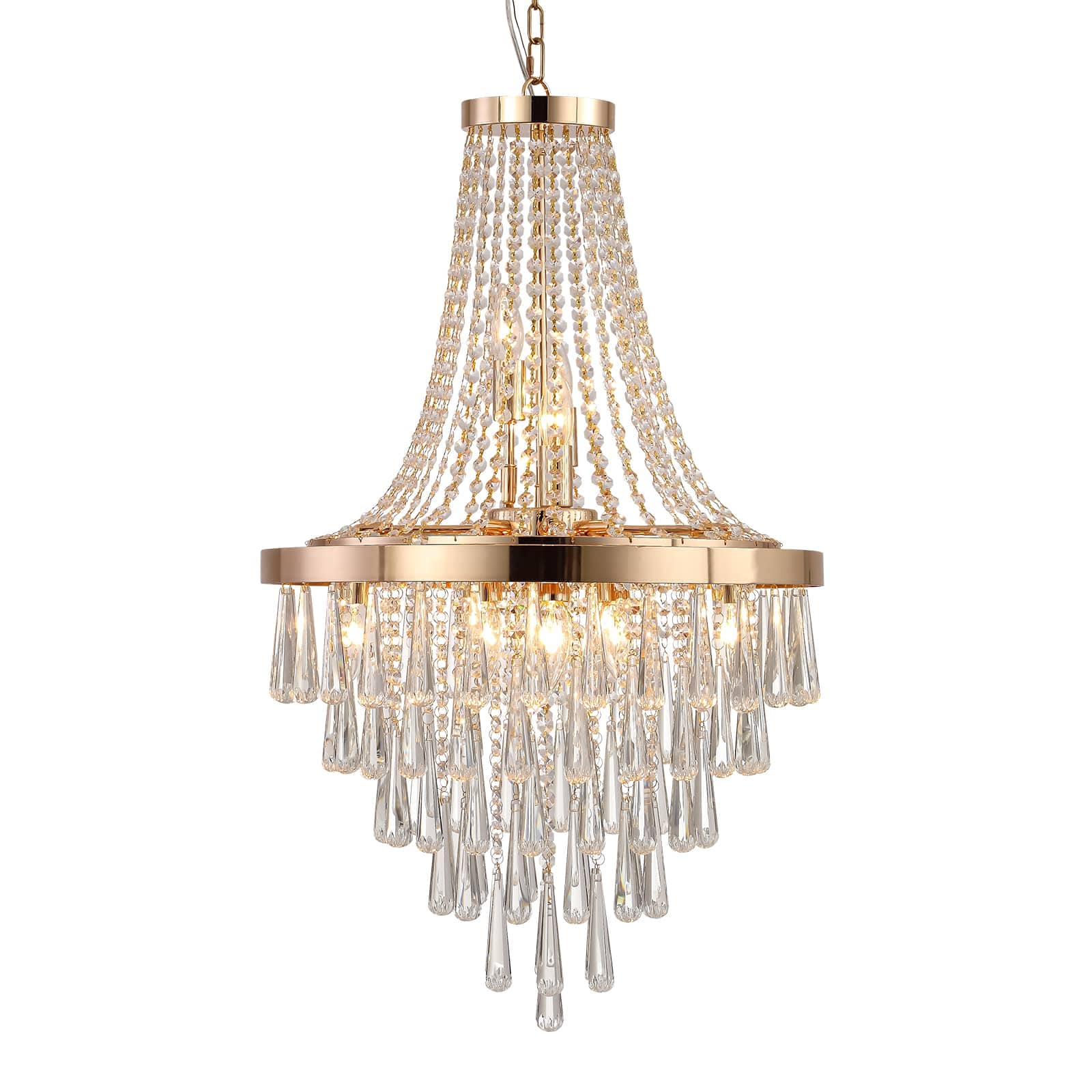 JCFL CD-HL-32 20 in. Gold Iron Modern Crystal Pendant Chandelier 11-Light Hanging Light Fixture for Dining Room Living Room or Entryway