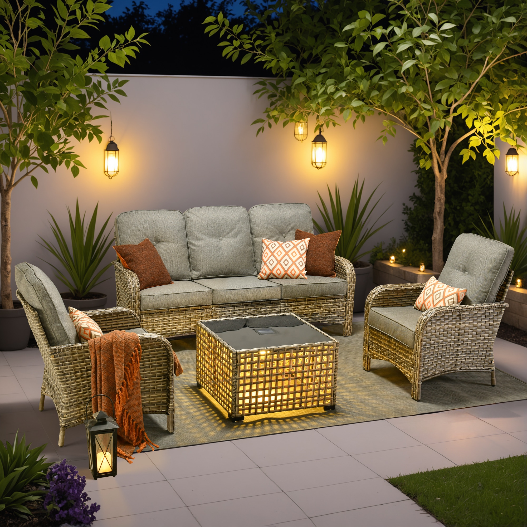 Ovios VNC204 4 -Piece Rattan Patio Sofa Conversation Set with Dark Gray Cushions